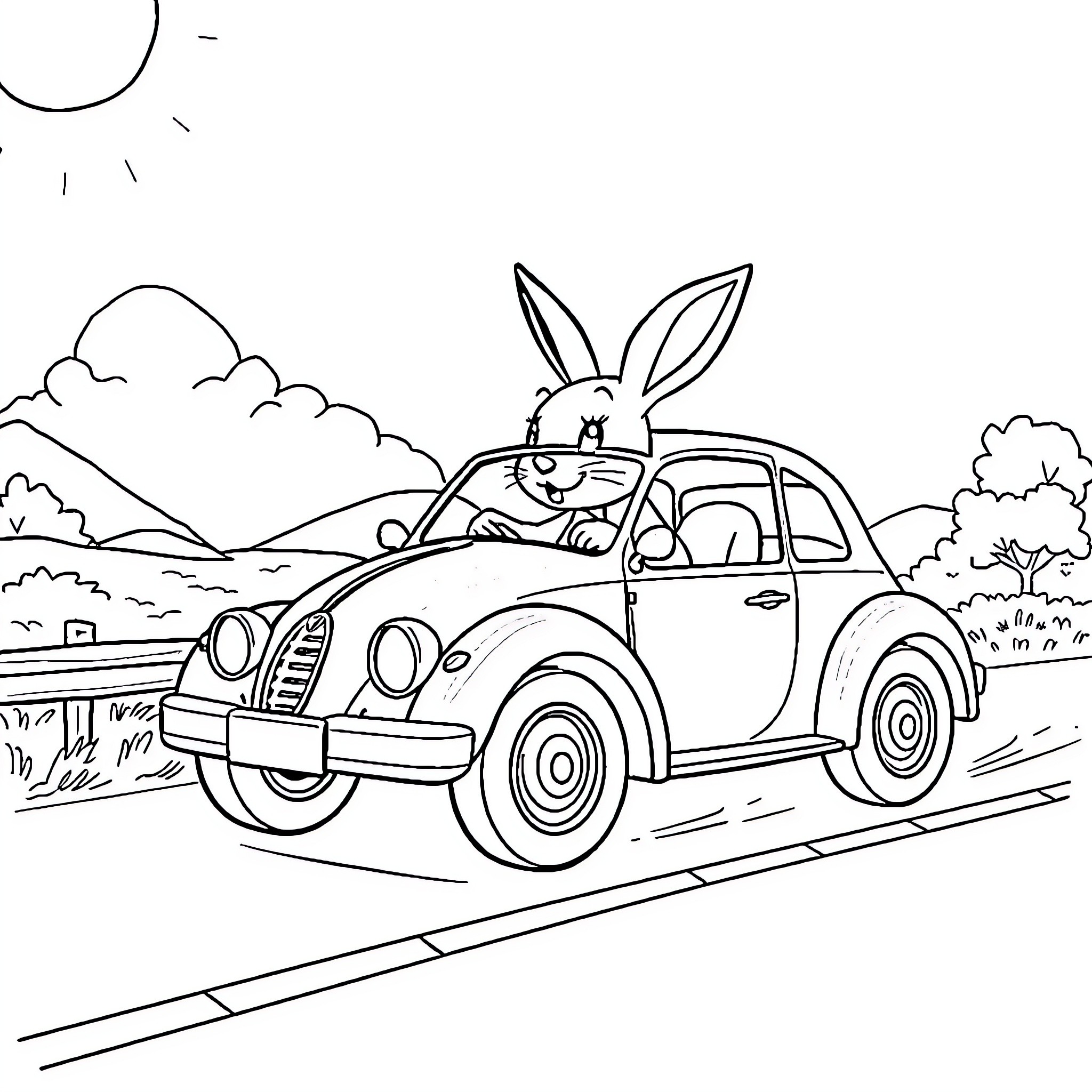 Rabbit driving a car through the countryside Coloring Page (free black-and-white line drawing printable PDF for all, from beginners to advanced learners, including children, teens, adults, and seniors)