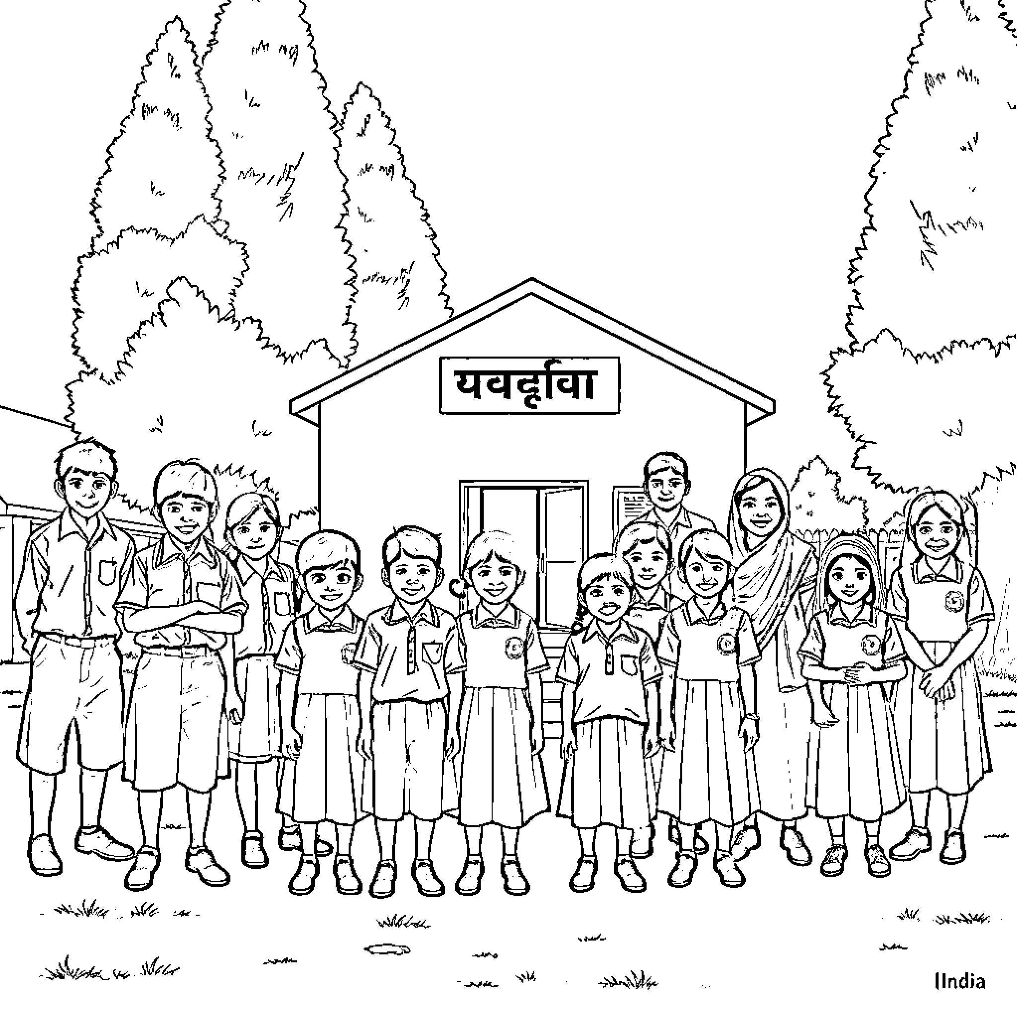 School children posing outside their classroom Coloring Page (free black-and-white line drawing printable PDF for all, from beginners to advanced learners, including children, teens, adults, and seniors)