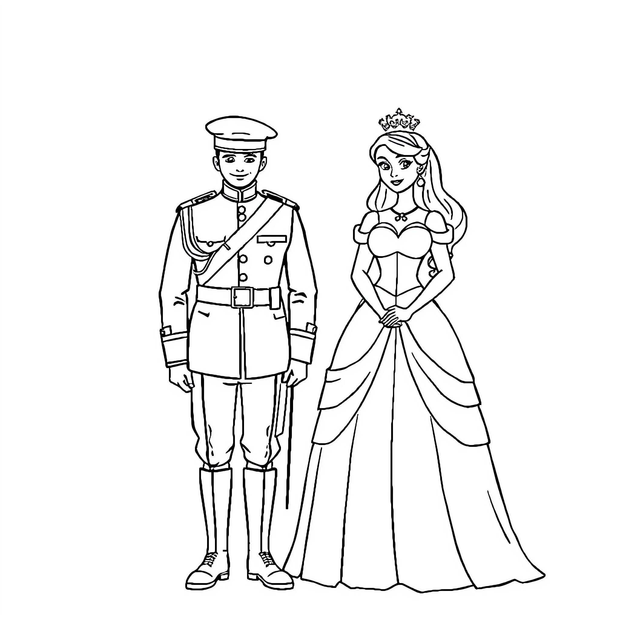 Princess and Prince in Formal Attire Coloring Page (free black-and-white line drawing printable PDF for all, from beginners to advanced learners, including children, teens, adults, and seniors)