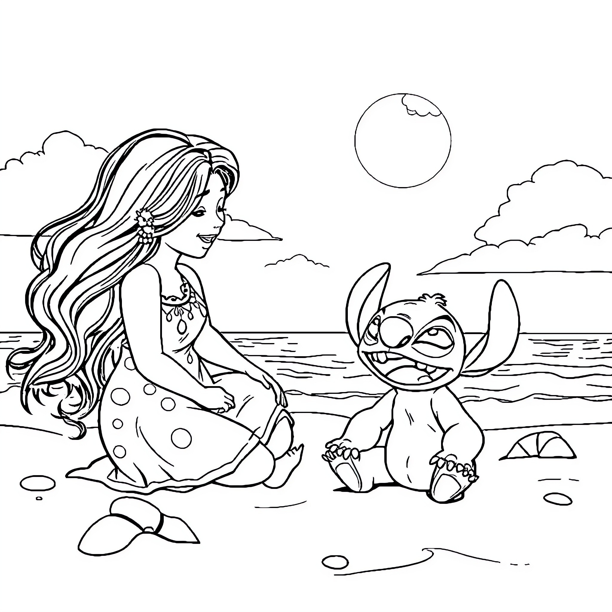 Lilo And Stitch enjoying the beach scenery Coloring Page (free black-and-white line drawing printable PDF for all, from beginners to advanced learners, including children, teens, adults, and seniors)