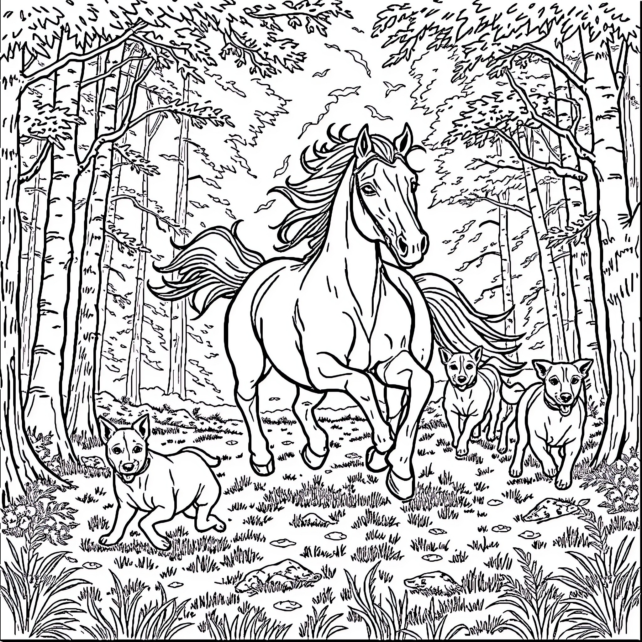 Horse Galloping Through the Enchanted Forest Coloring Page (free black-and-white line drawing printable PDF for all, from beginners to advanced learners, including children, teens, adults, and seniors)