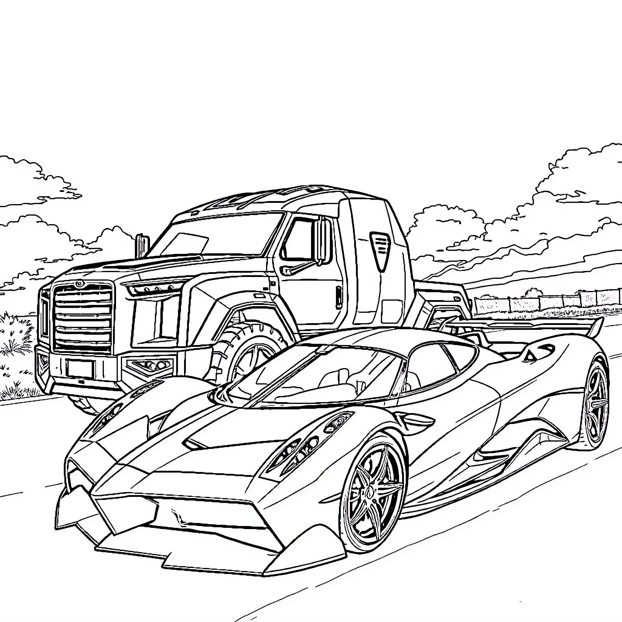 Car race against semi-truck on open road Coloring Page (free black-and-white line drawing printable PDF for all, from beginners to advanced learners, including children, teens, adults, and seniors)