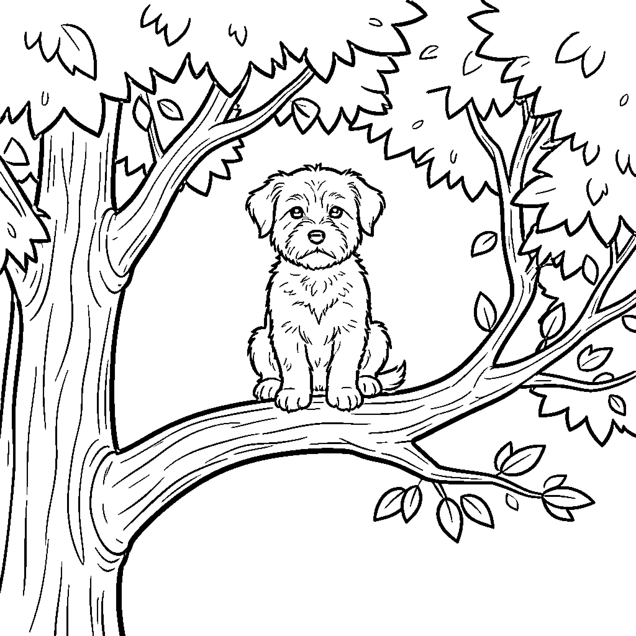 Perro sentado en una rama de árbol Coloring Page (free black-and-white line drawing printable PDF for all, from beginners to advanced learners, including children, teens, adults, and seniors)