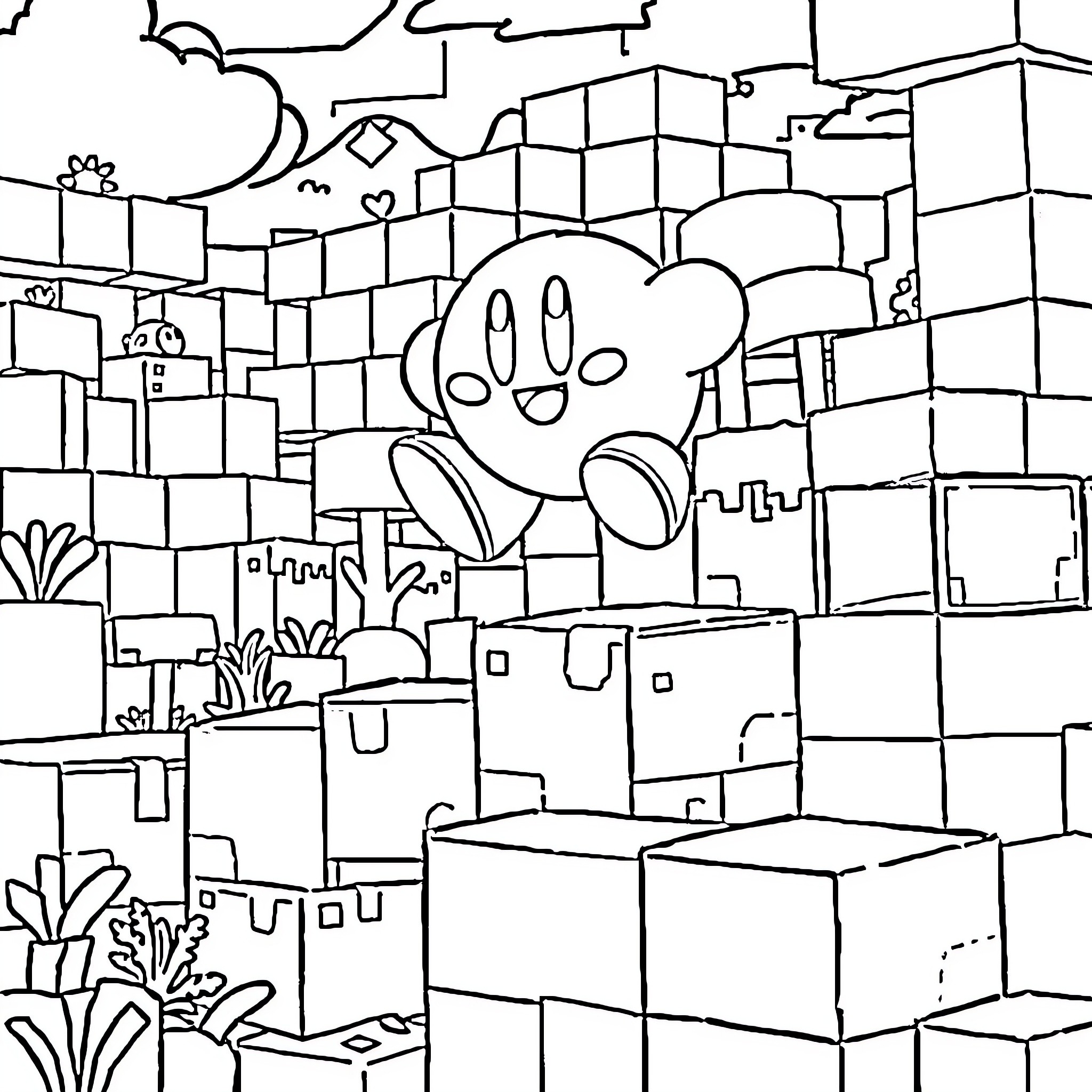 Kirby exploring a whimsical geometric landscape Coloring Page (free black-and-white line drawing printable PDF for all, from beginners to advanced learners, including children, teens, adults, and seniors)