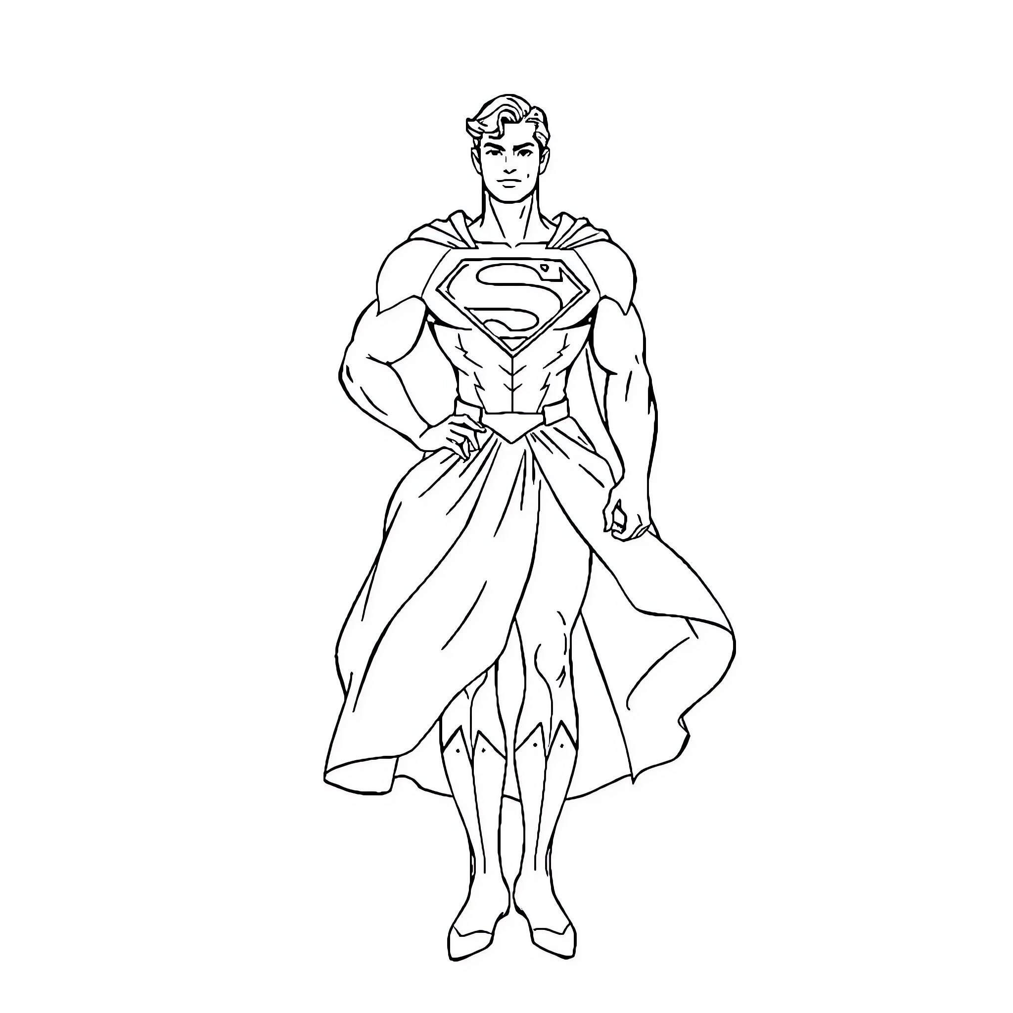 Superman in heroic pose with flowing cape Coloring Page (free black-and-white line drawing printable PDF for all, from beginners to advanced learners, including children, teens, adults, and seniors)