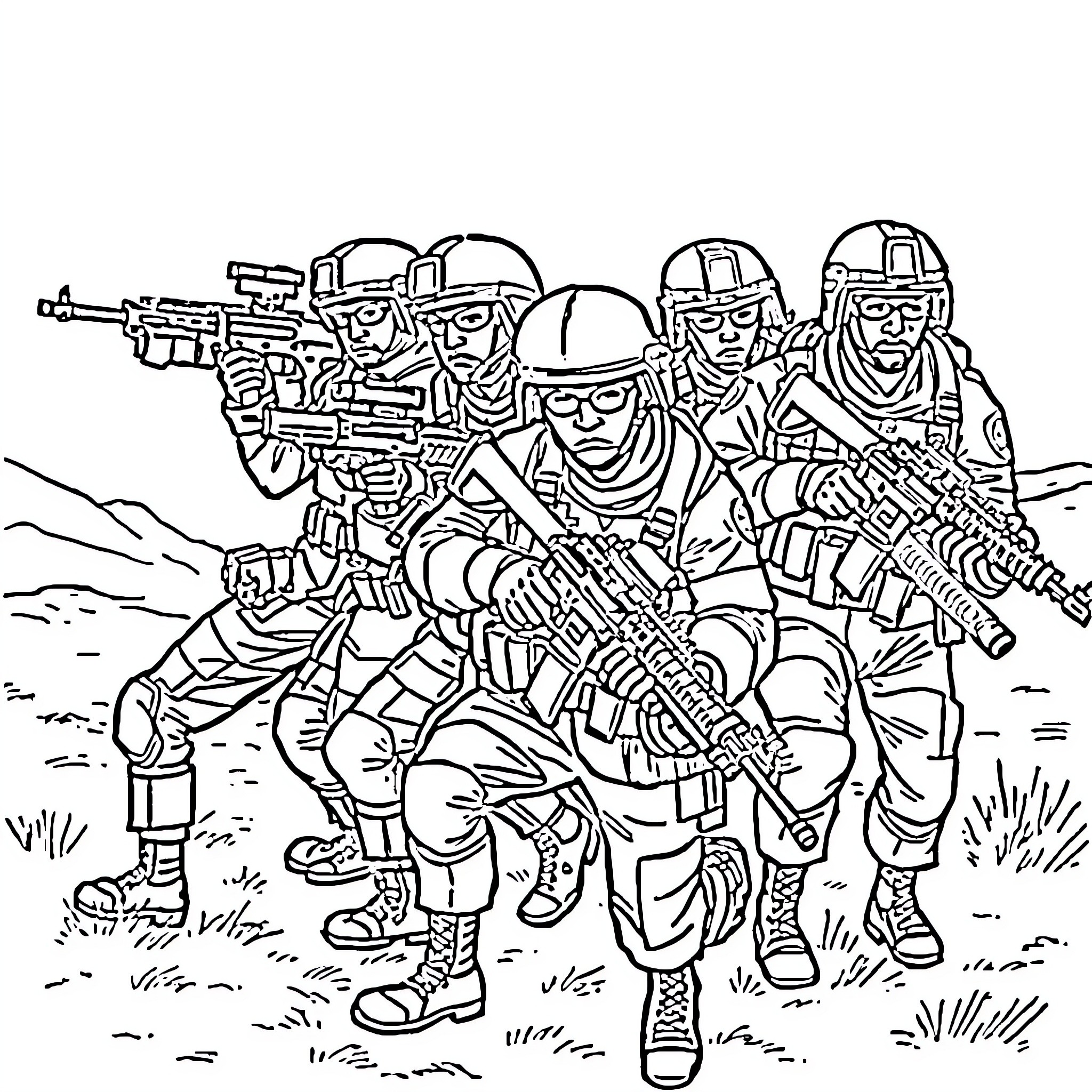 Military Soldiers Advancing in Combat Formation Coloring Page (free black-and-white line drawing printable PDF for all, from beginners to advanced learners, including children, teens, adults, and seniors)
