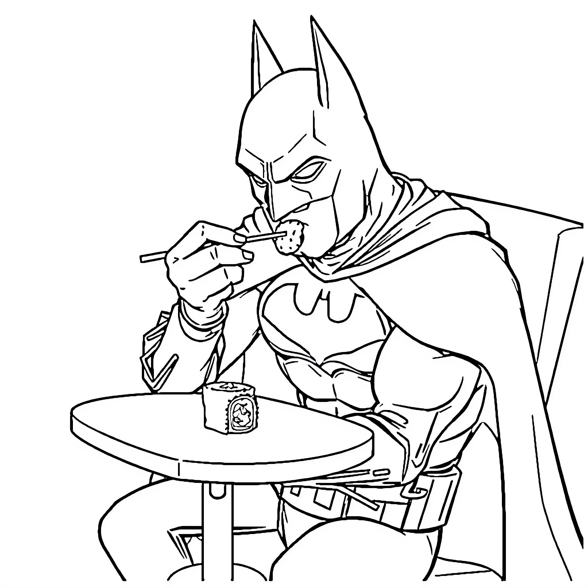 Batman Enjoying a Coffee Break Coloring Page (free black-and-white line drawing printable PDF for all, from beginners to advanced learners, including children, teens, adults, and seniors)