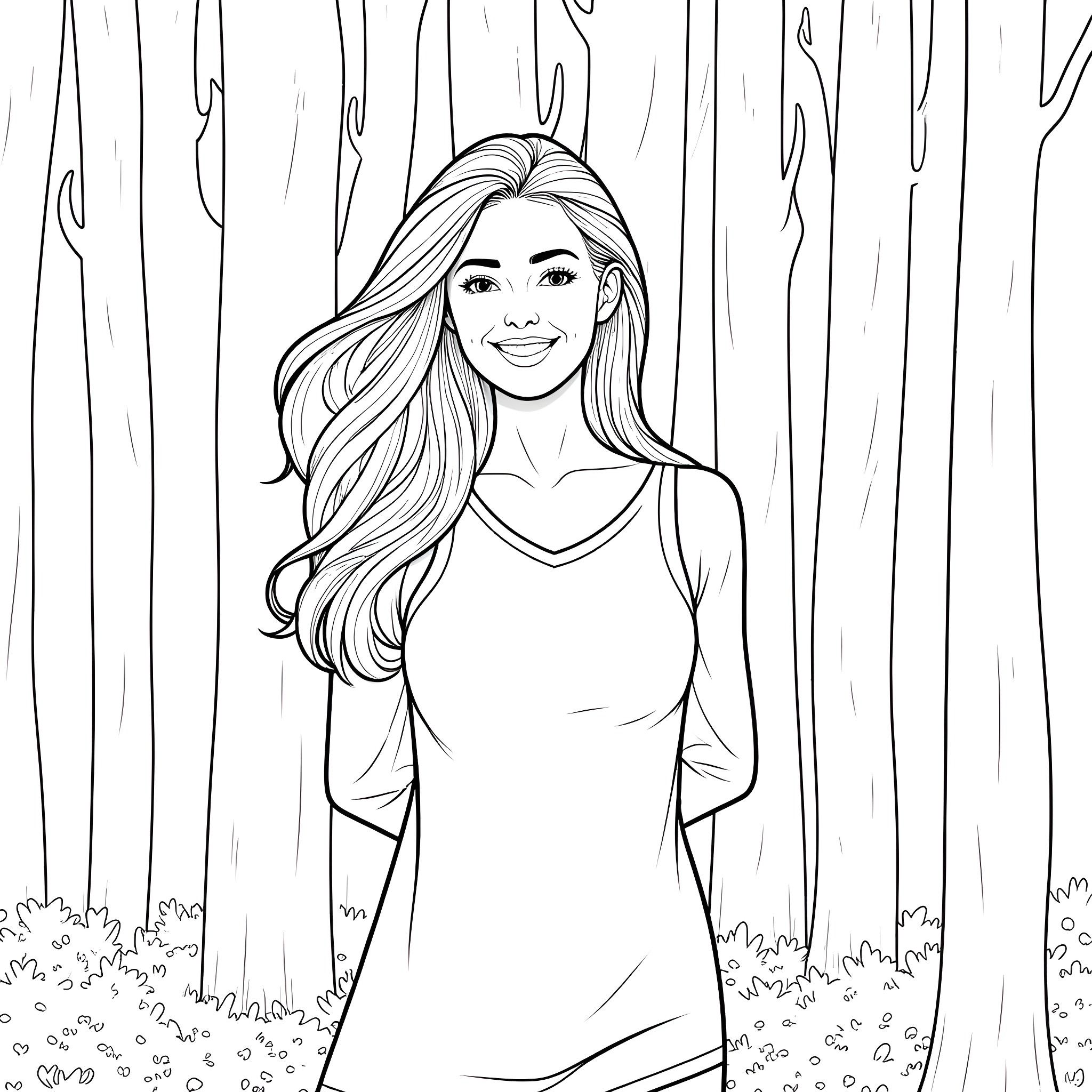 Wife enjoys a peaceful stroll in the forest Coloring Page (free black-and-white line drawing printable PDF for all, from beginners to advanced learners, including children, teens, adults, and seniors)