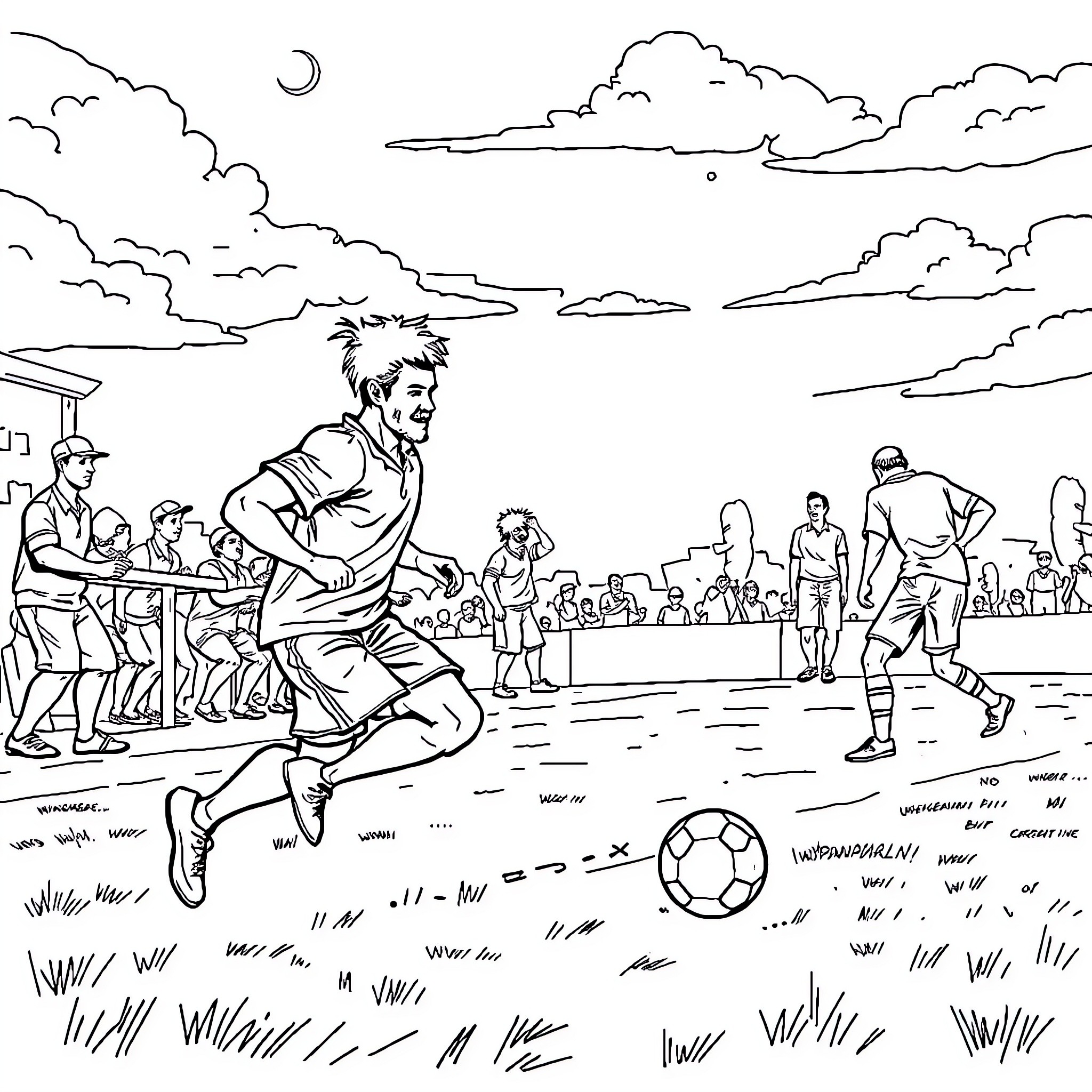 Barman playing soccer with a crowd Coloring Page (free black-and-white line drawing printable PDF for all, from beginners to advanced learners, including children, teens, adults, and seniors)