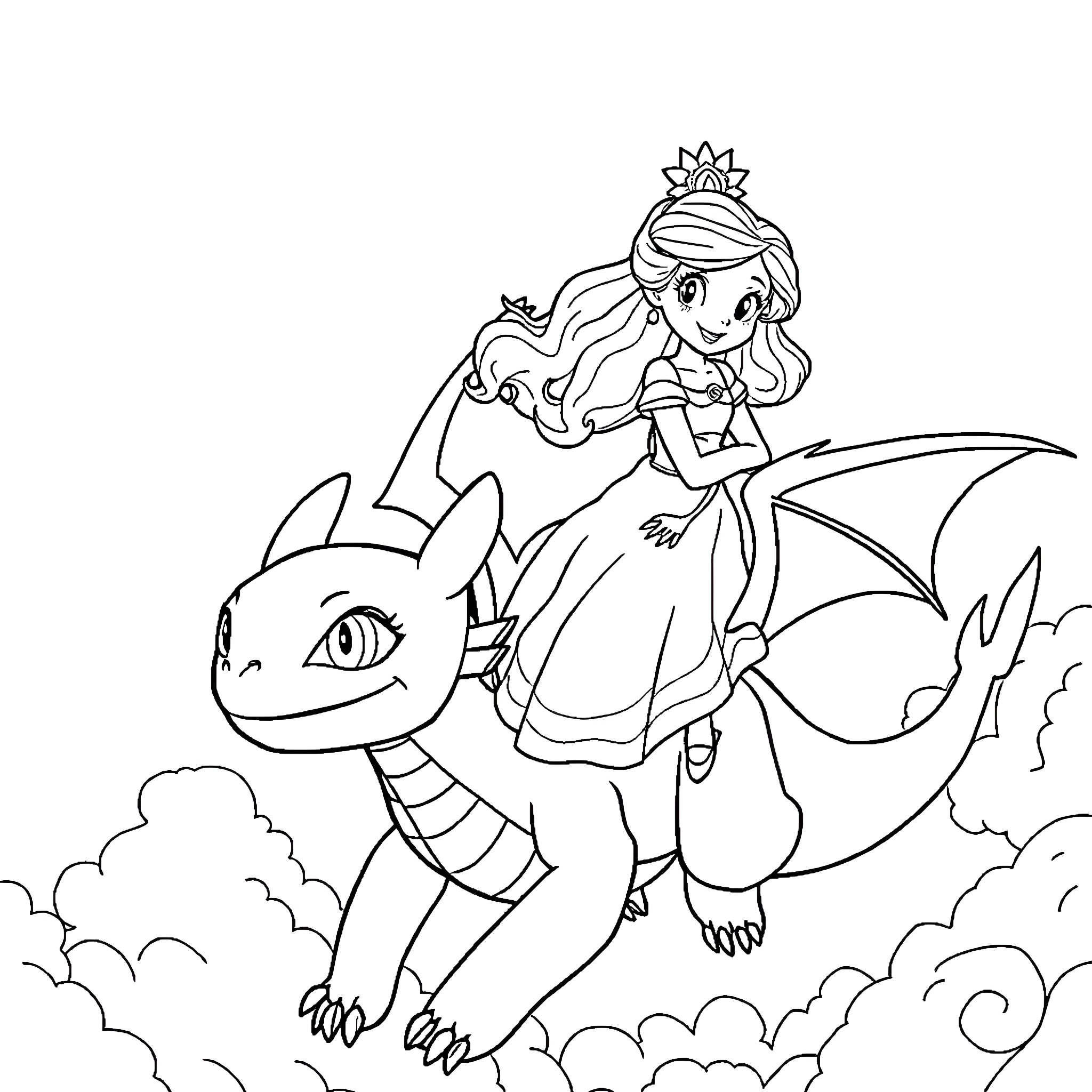 Belle riding a dragon in a fantasy landscape Coloring Page (free black-and-white line drawing printable PDF for all, from beginners to advanced learners, including children, teens, adults, and seniors)