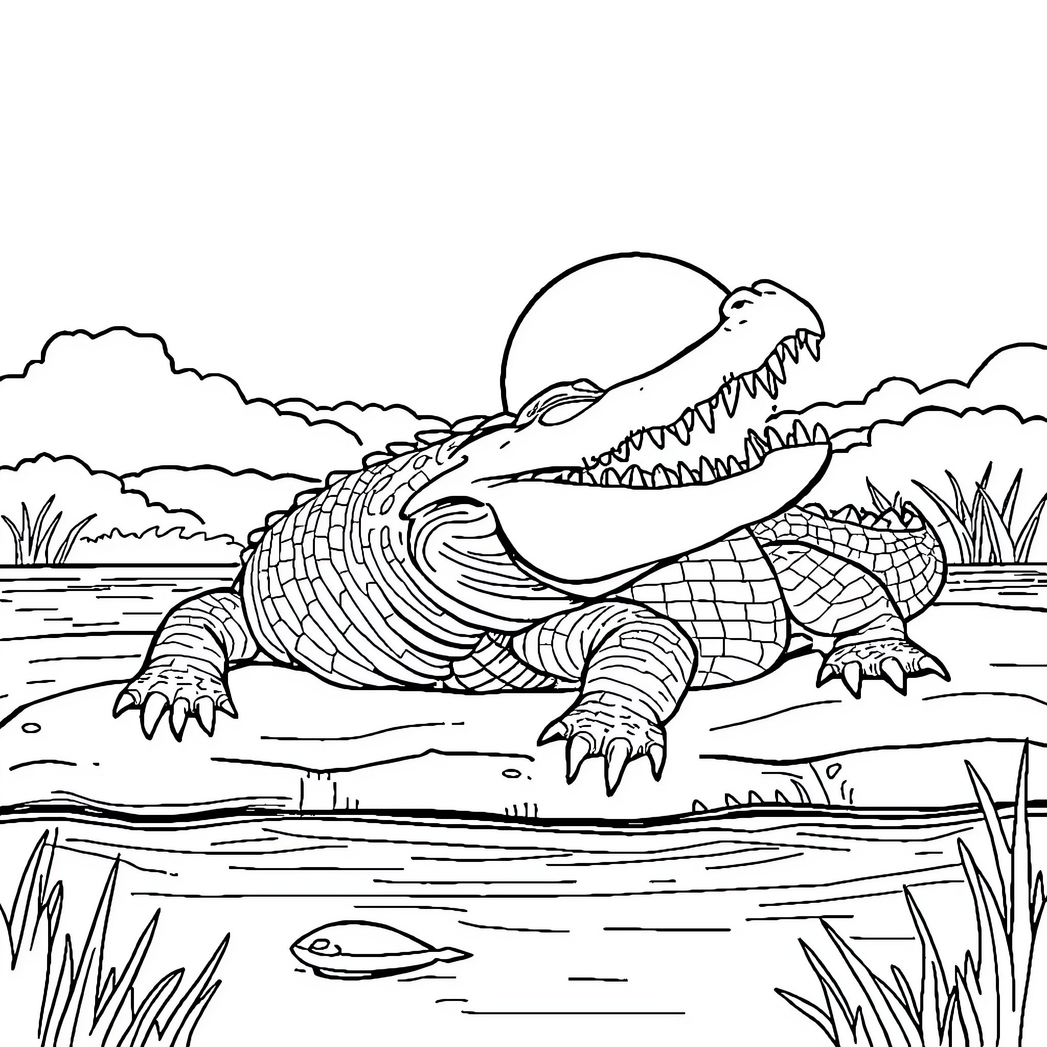 Crocodile swimming in the river Coloring Page (free black-and-white line drawing printable PDF for all, from beginners to advanced learners, including children, teens, adults, and seniors)