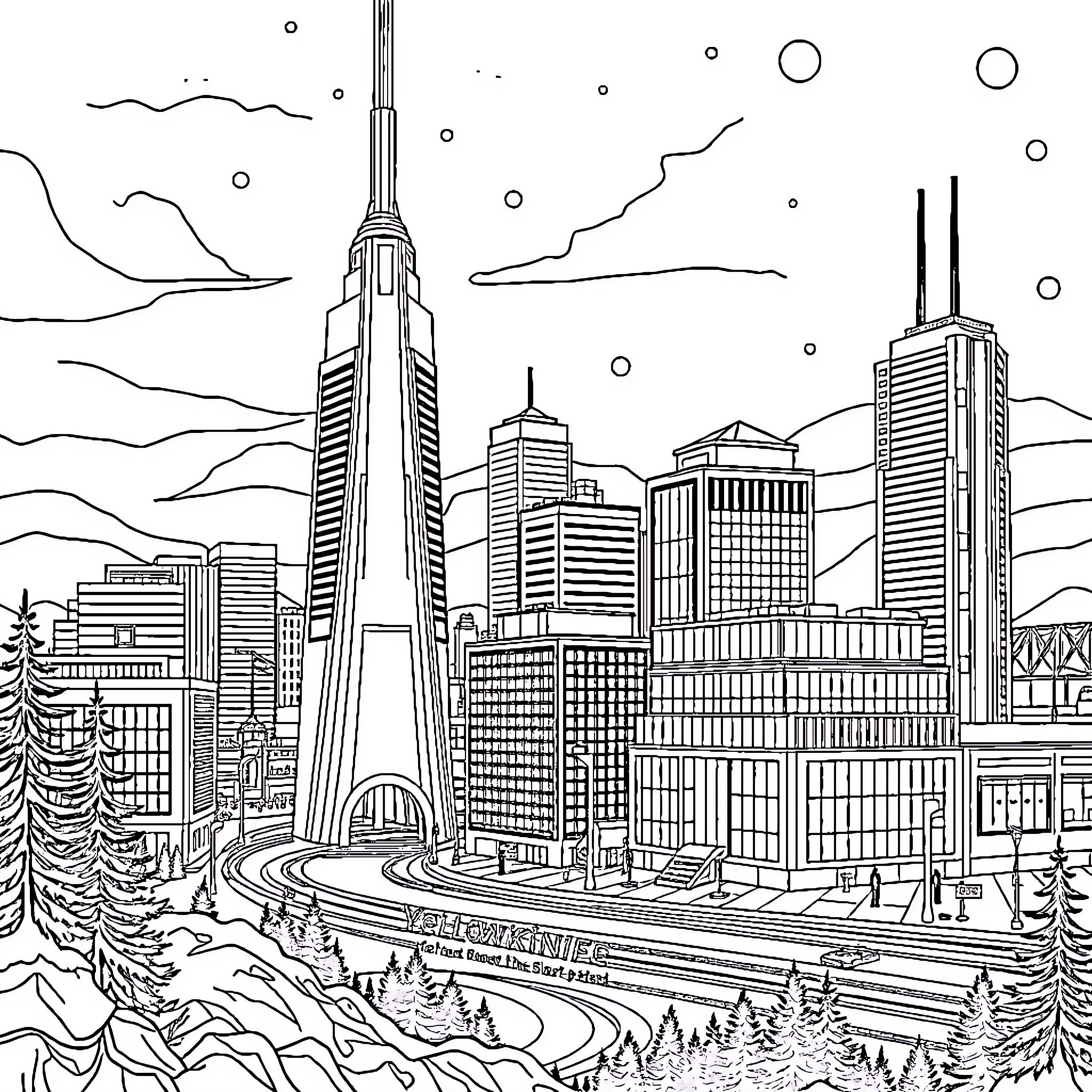 Yellowknife's Skyline in Monochrome Coloring Page (free black-and-white line drawing printable PDF for all, from beginners to advanced learners, including children, teens, adults, and seniors)