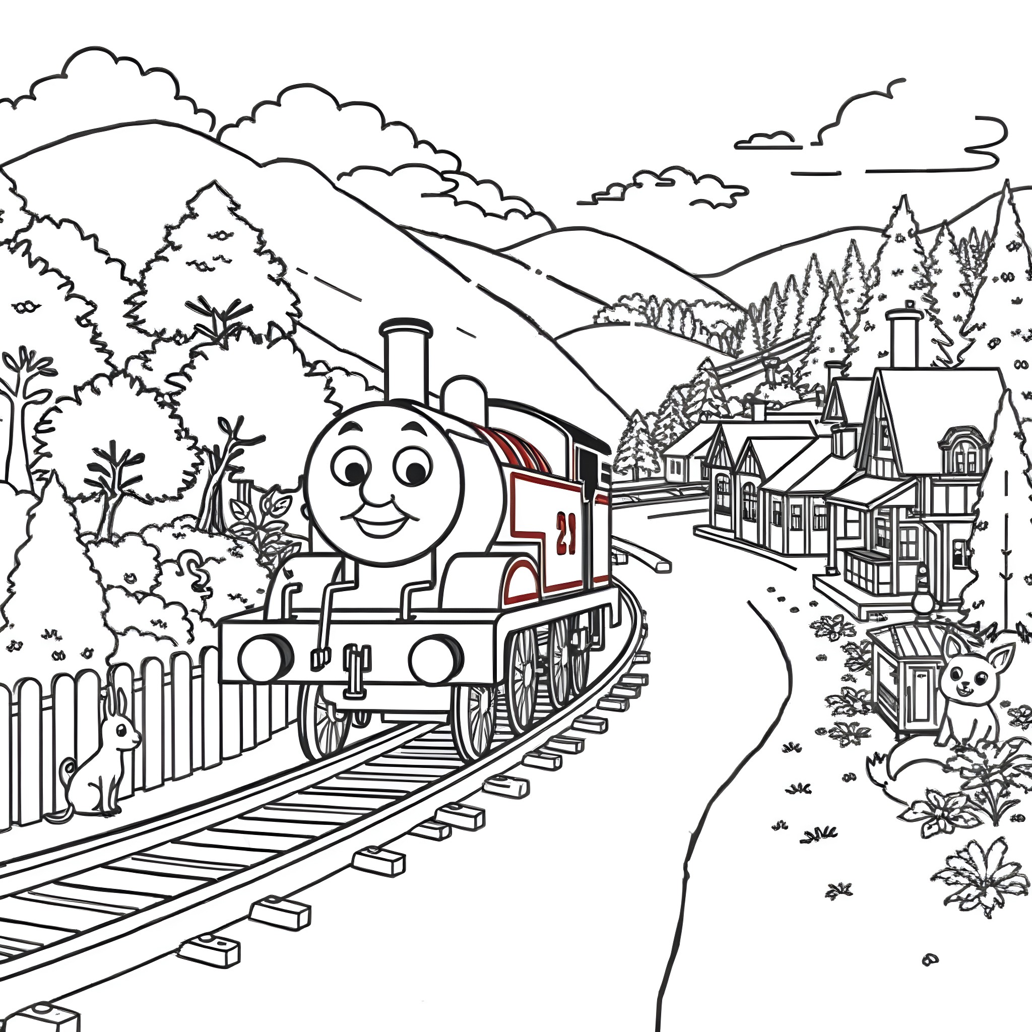 Train traveling through a scenic countryside landscape Coloring Page (free black-and-white line drawing printable PDF for all, from beginners to advanced learners, including children, teens, adults, and seniors)