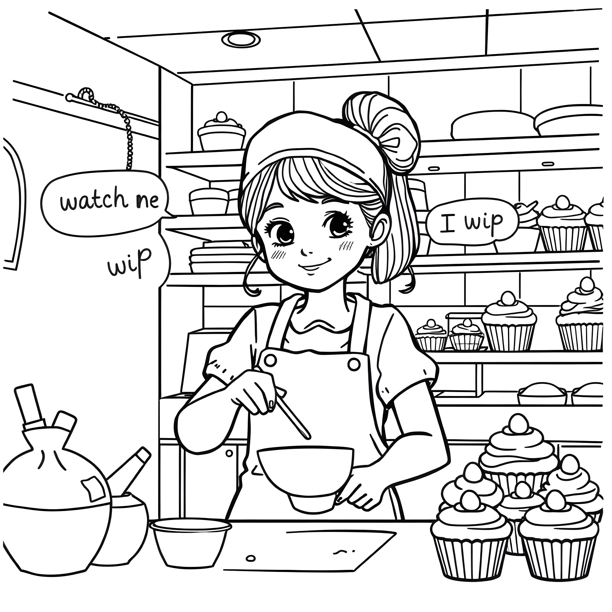 Girl baking cupcakes in the kitchen Coloring Page (free black-and-white line drawing printable PDF for all, from beginners to advanced learners, including children, teens, adults, and seniors)