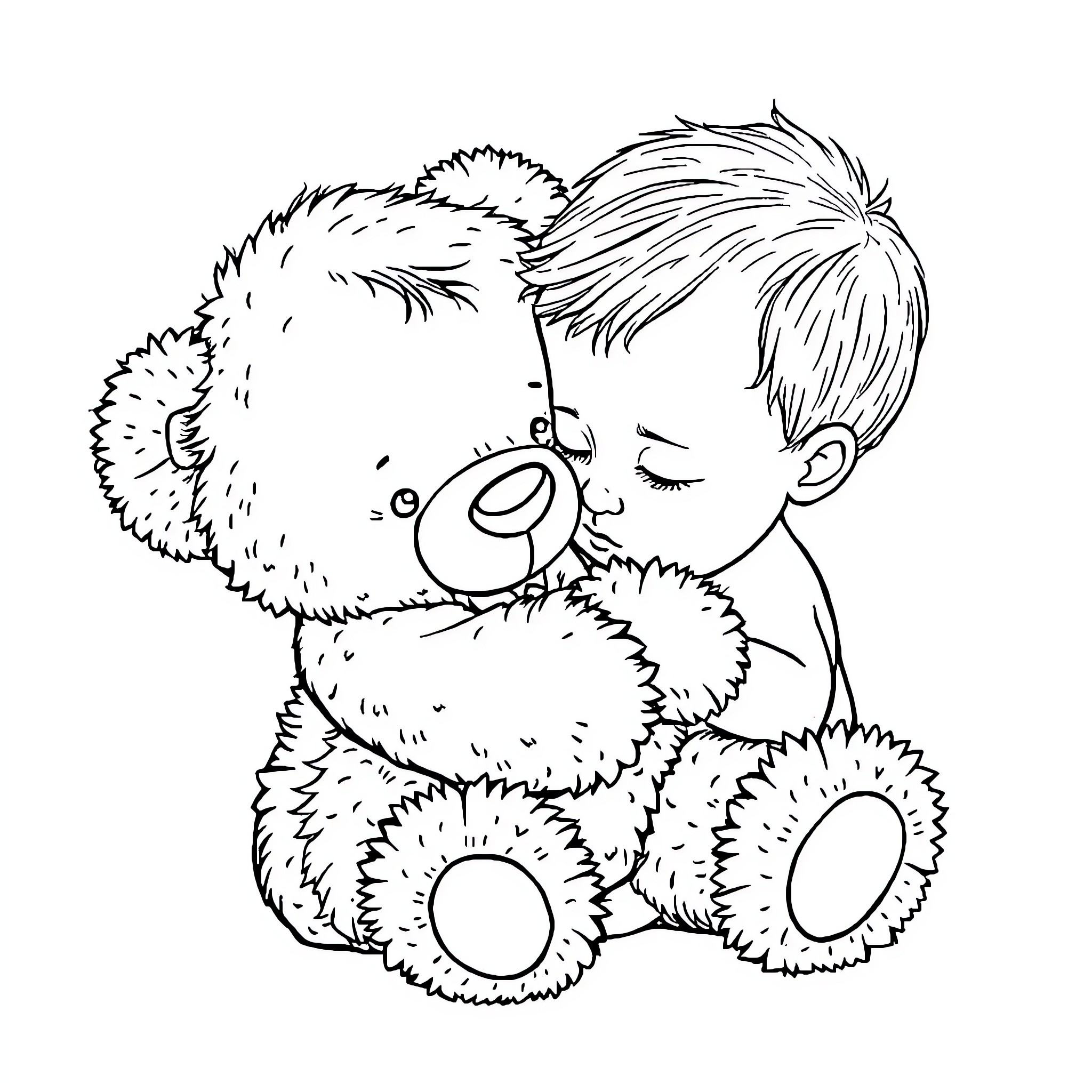 Baby cuddling a plush toy teddy bear Coloring Page (free black-and-white line drawing printable PDF for all, from beginners to advanced learners, including children, teens, adults, and seniors)