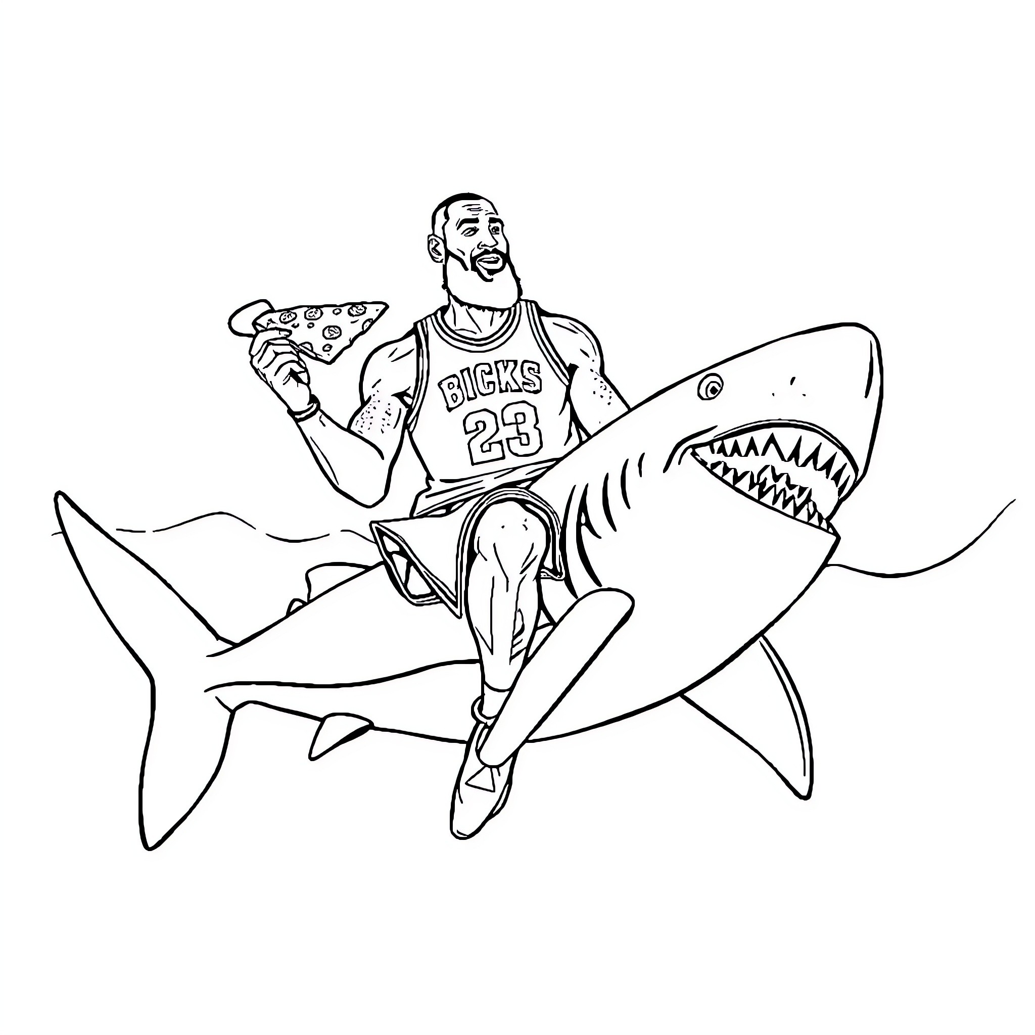 LeBron James enjoying pizza on a shark Coloring Page (free black-and-white line drawing printable PDF for all, from beginners to advanced learners, including children, teens, adults, and seniors)