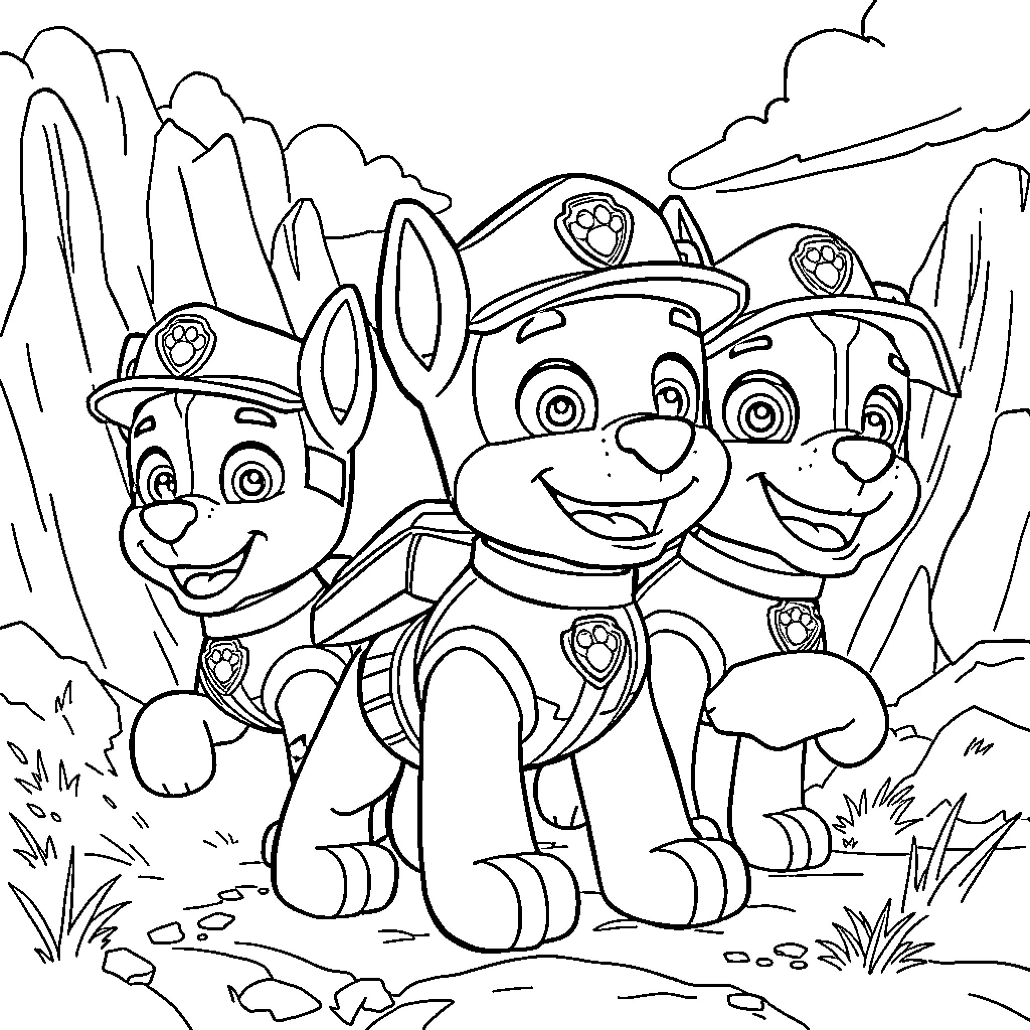 Paw Patrol pups on an adventure Coloring Page (free black-and-white line drawing printable PDF for all, from beginners to advanced learners, including children, teens, adults, and seniors)