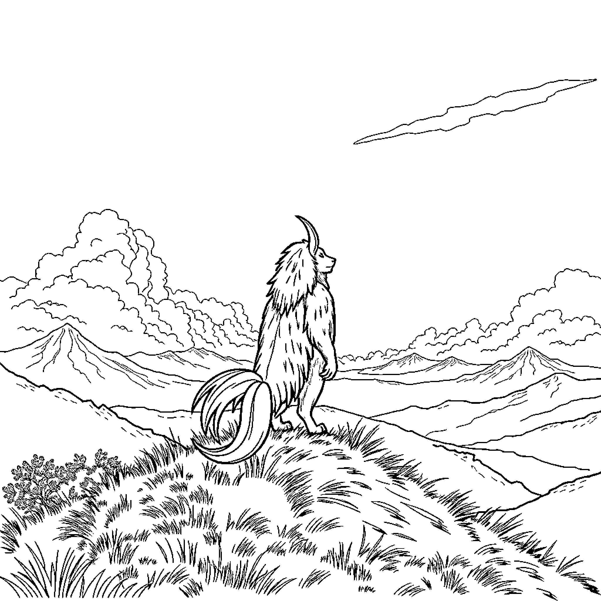 Tung the Llama in the Mountainous Landscape Coloring Page (free black-and-white line drawing printable PDF for all, from beginners to advanced learners, including children, teens, adults, and seniors)