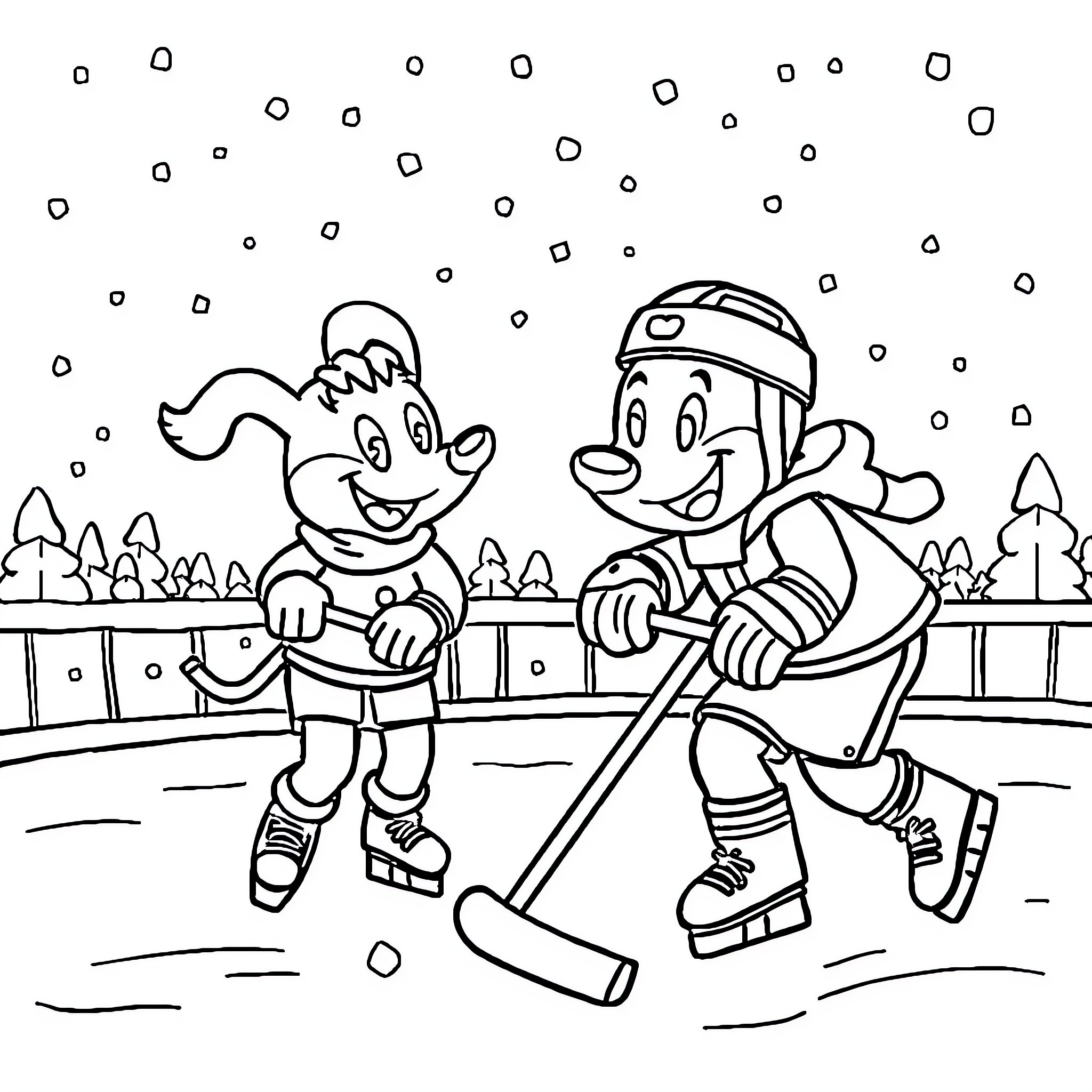 Bluey characters playing hockey on ice rink Coloring Page (free black-and-white line drawing printable PDF for all, from beginners to advanced learners, including children, teens, adults, and seniors)