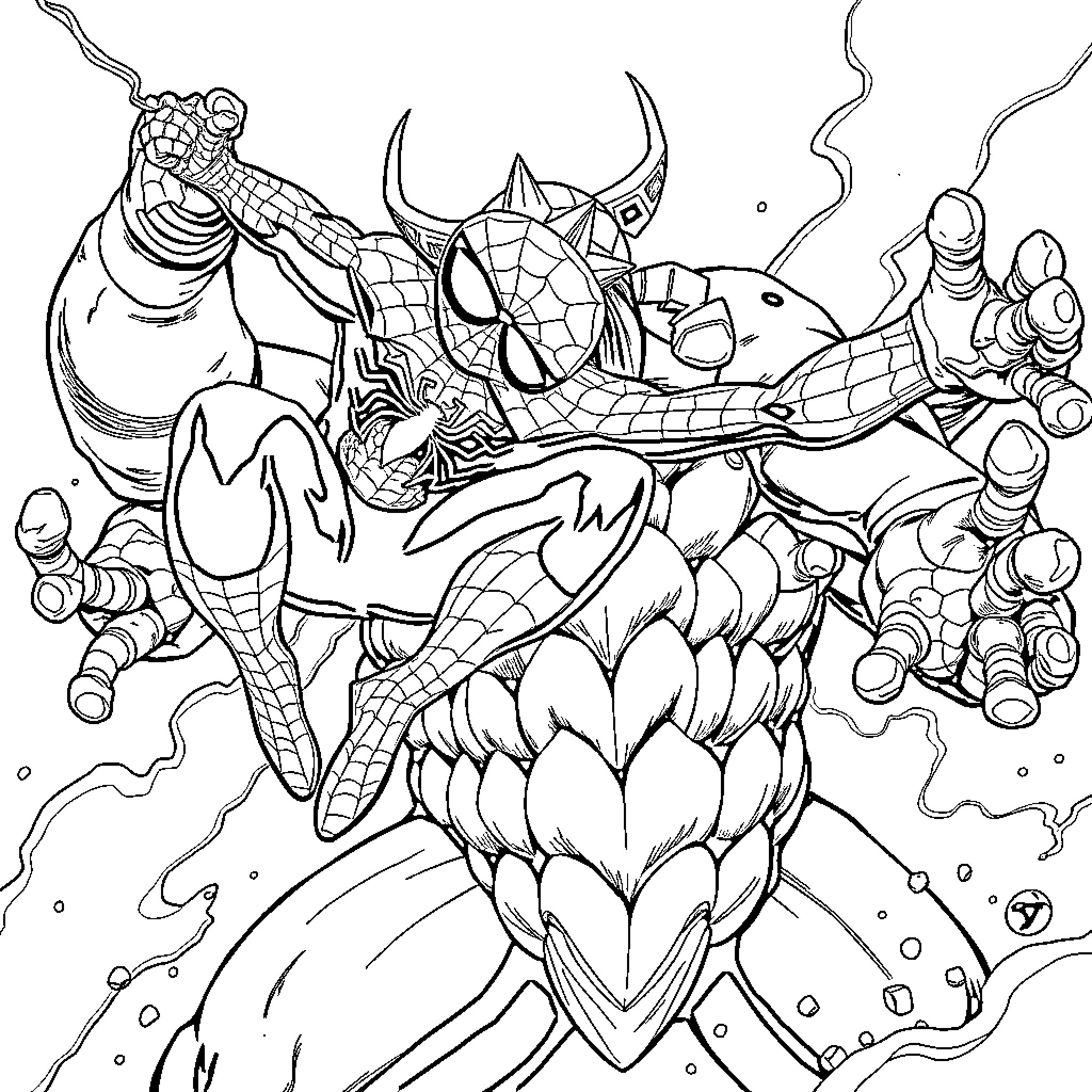 Spiderman battling ferocious enemies in action-packed scene Coloring Page (free black-and-white line drawing printable PDF for all, from beginners to advanced learners, including children, teens, adults, and seniors)