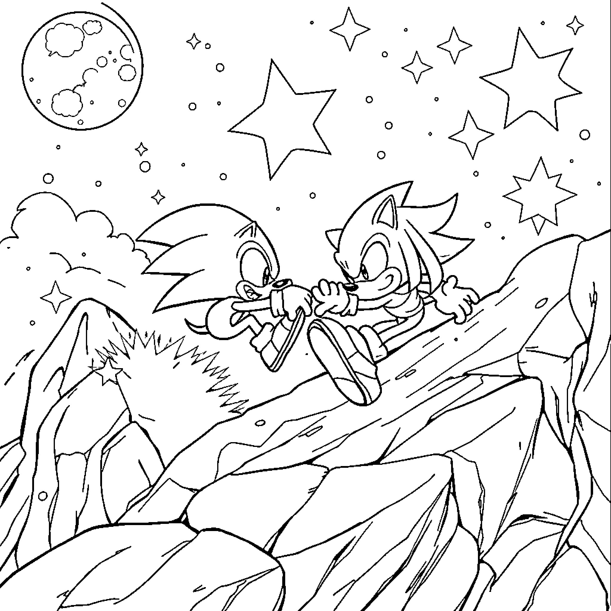 Sonic adventuring through the starry night Coloring Page (free black-and-white line drawing printable PDF for all, from beginners to advanced learners, including children, teens, adults, and seniors)