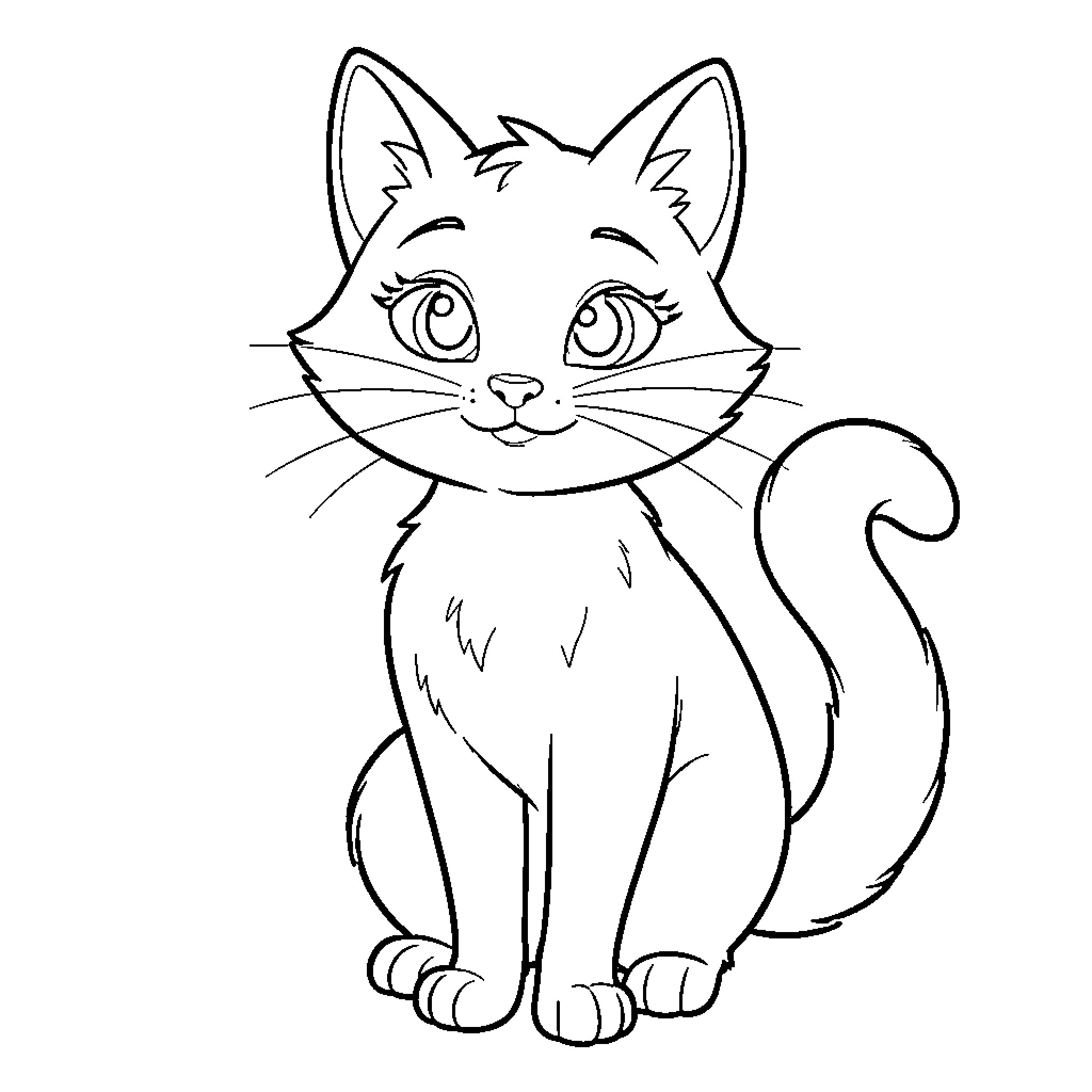 Marie the kitten sitting and looking forward with a smile Coloring Page (free black-and-white line drawing printable PDF for all, from beginners to advanced learners, including children, teens, adults, and seniors)