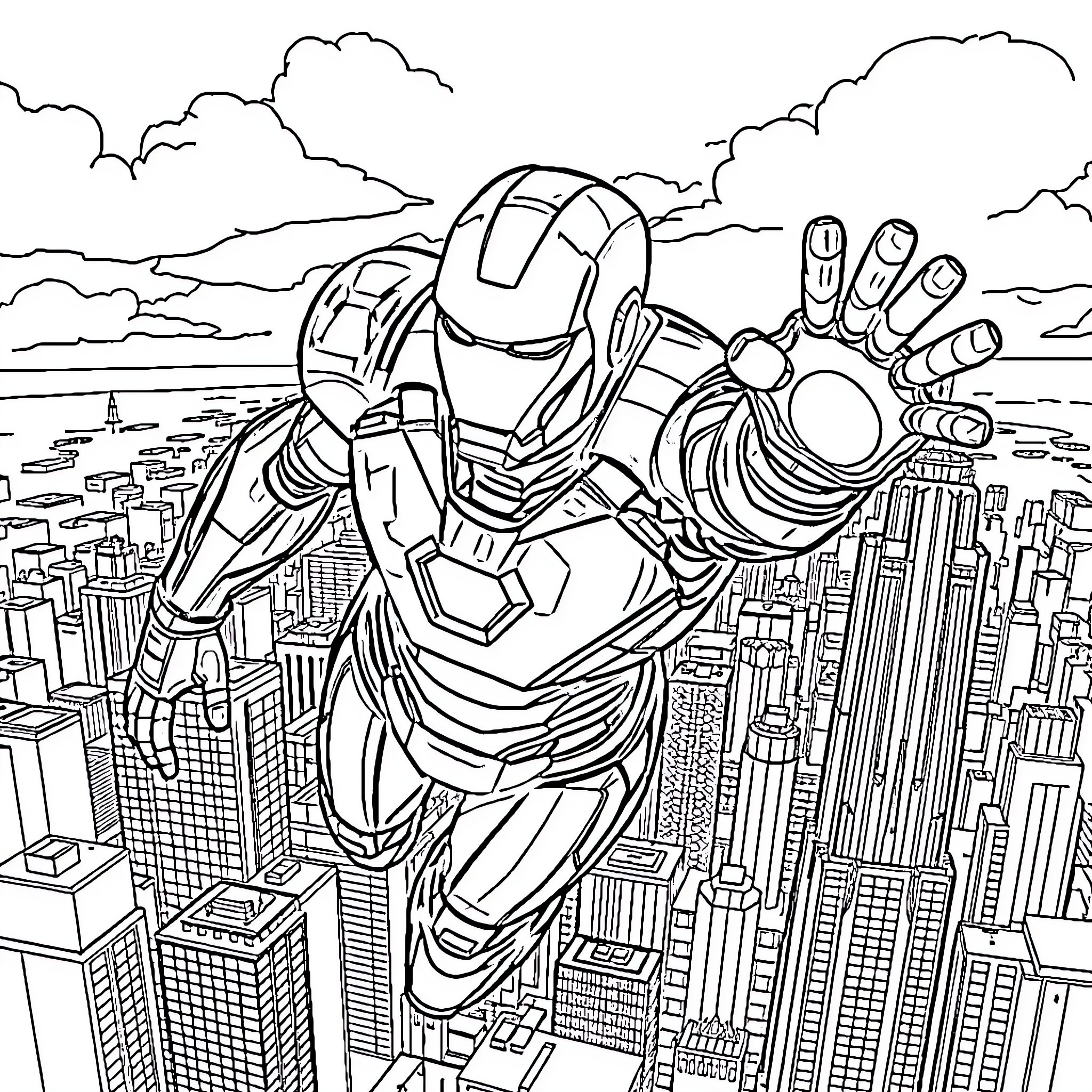Ironman flying over the city skyline Coloring Page (free black-and-white line drawing printable PDF for all, from beginners to advanced learners, including children, teens, adults, and seniors)