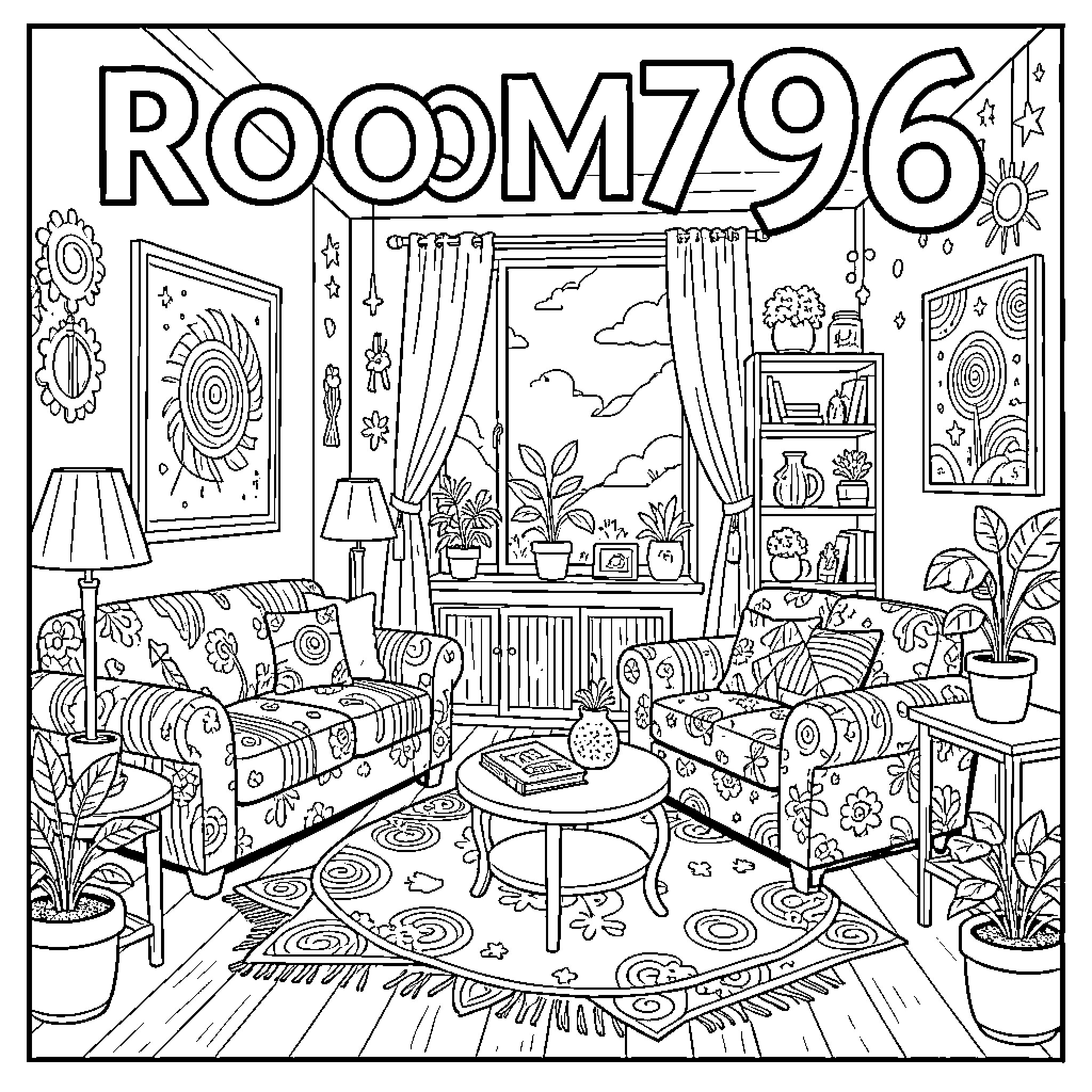 Room of Colorful Comfort and Creativity Coloring Page (free black-and-white line drawing printable PDF for all, from beginners to advanced learners, including children, teens, adults, and seniors)