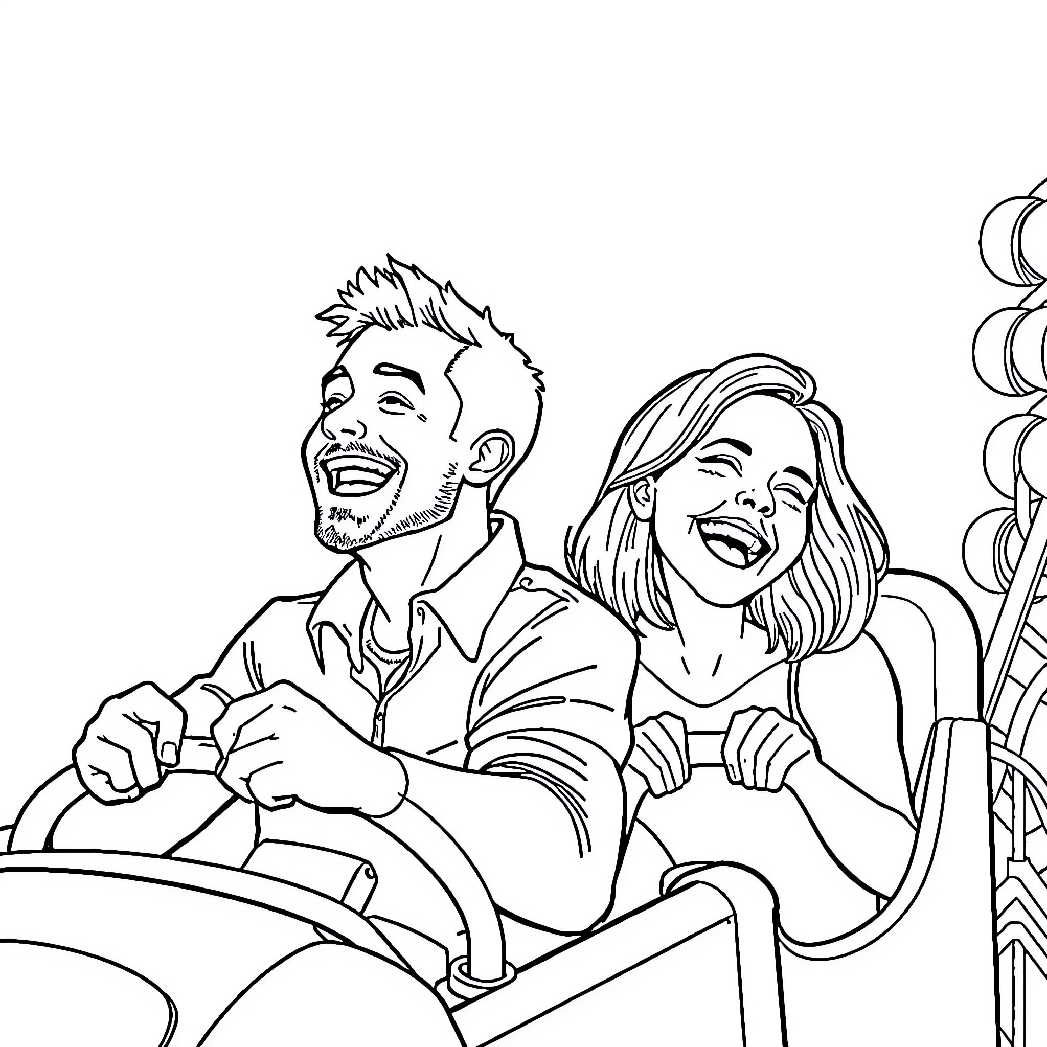 Man and Woman Happily Riding in Car Coloring Page (free black-and-white line drawing printable PDF for all, from beginners to advanced learners, including children, teens, adults, and seniors)