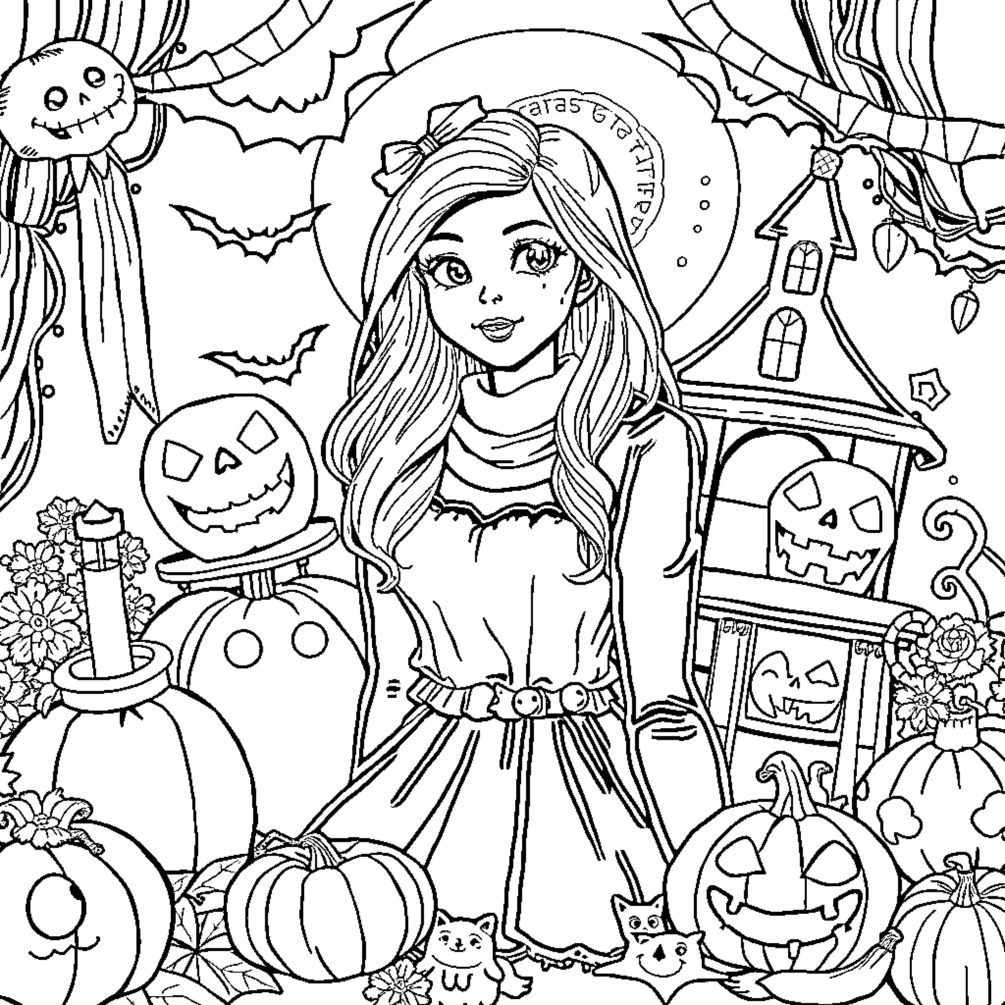 Ms Rachel's Spooktacular Halloween Scene Coloring Page (free black-and-white line drawing printable PDF for all, from beginners to advanced learners, including children, teens, adults, and seniors)