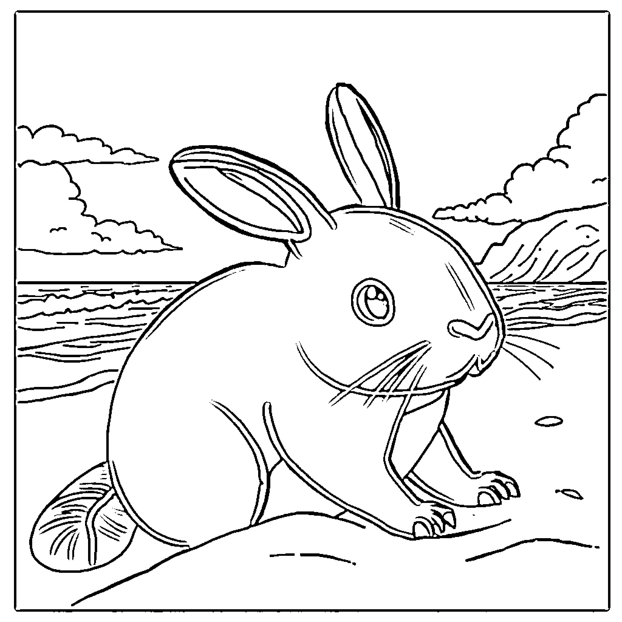 Frog-like rabbit enjoying the beach scenery Coloring Page (free black-and-white line drawing printable PDF for all, from beginners to advanced learners, including children, teens, adults, and seniors)