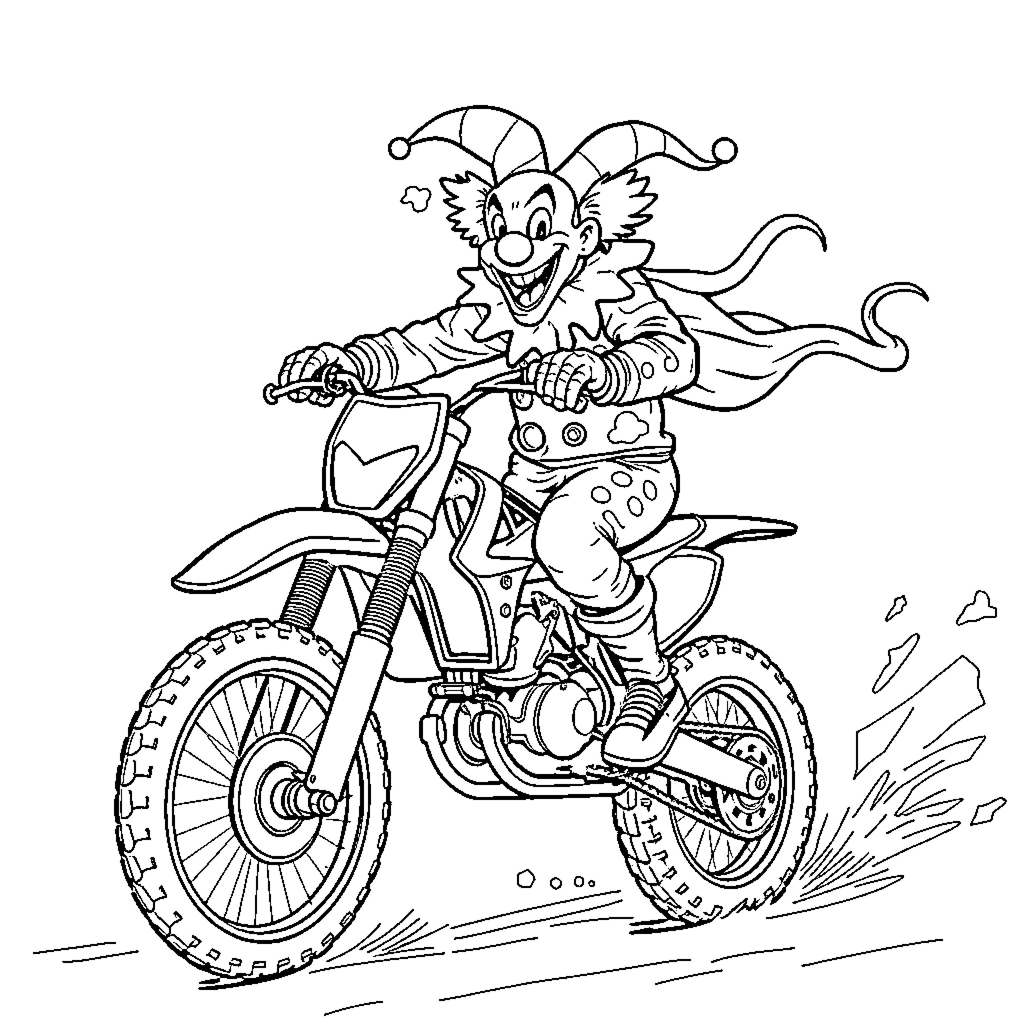 Clown riding a dirt bike with excitement Coloring Page (free black-and-white line drawing printable PDF for all, from beginners to advanced learners, including children, teens, adults, and seniors)