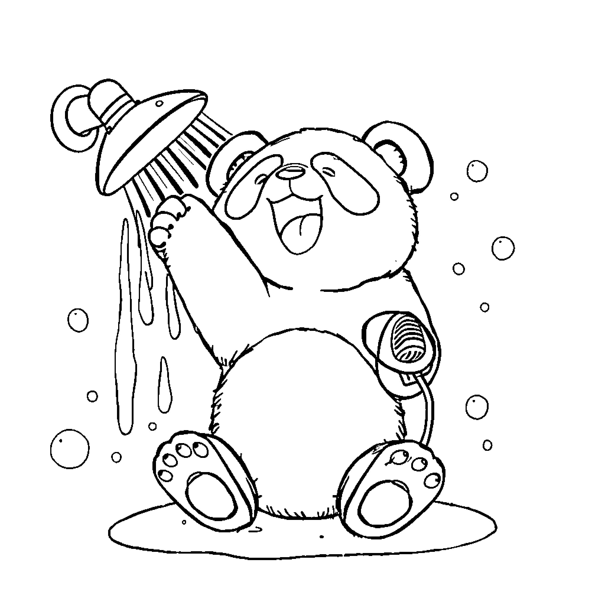 Panda enjoying a refreshing shower Coloring Page (free black-and-white line drawing printable PDF for all, from beginners to advanced learners, including children, teens, adults, and seniors)