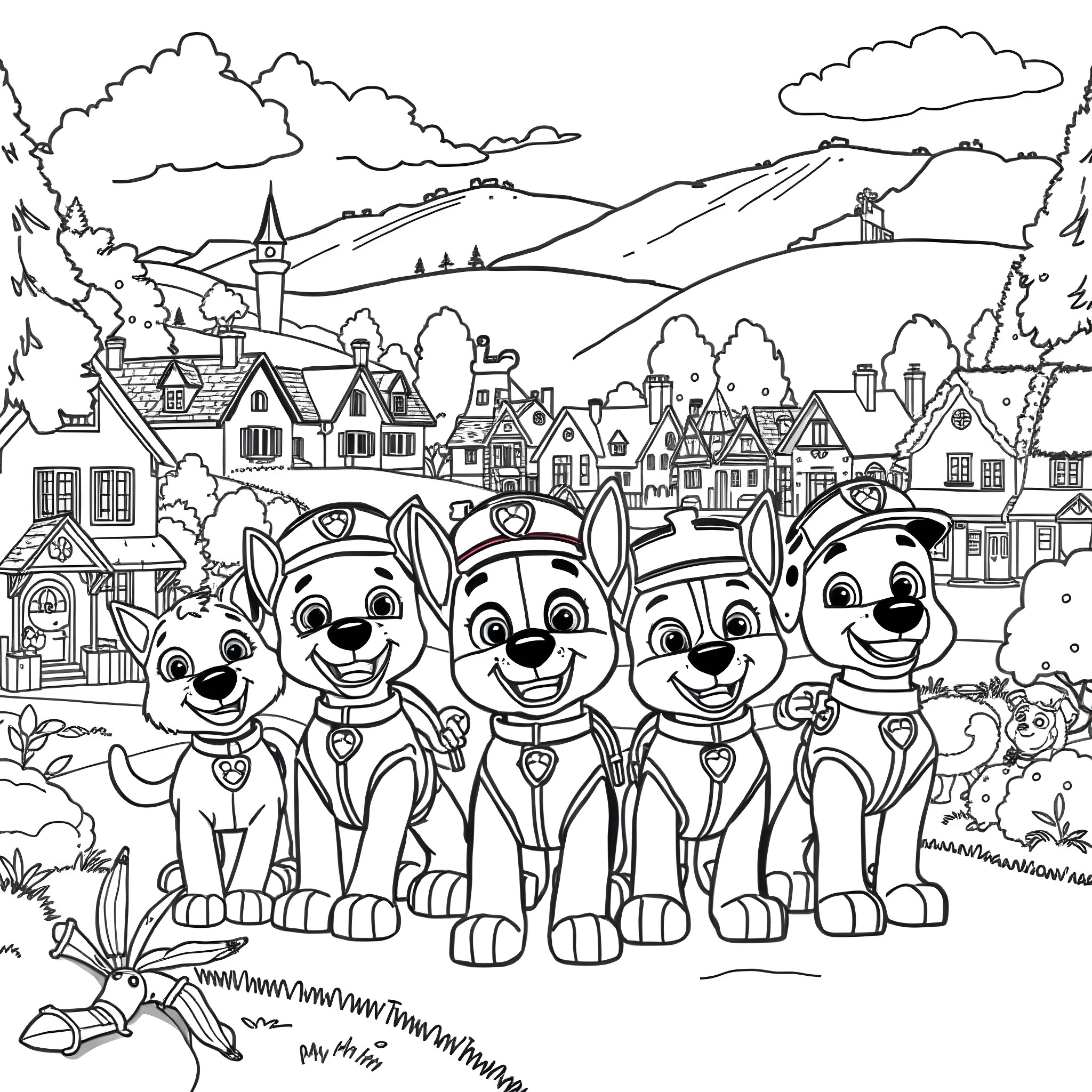 Paw Patrol exploring a picturesque town Coloring Page (free black-and-white line drawing printable PDF for all, from beginners to advanced learners, including children, teens, adults, and seniors)