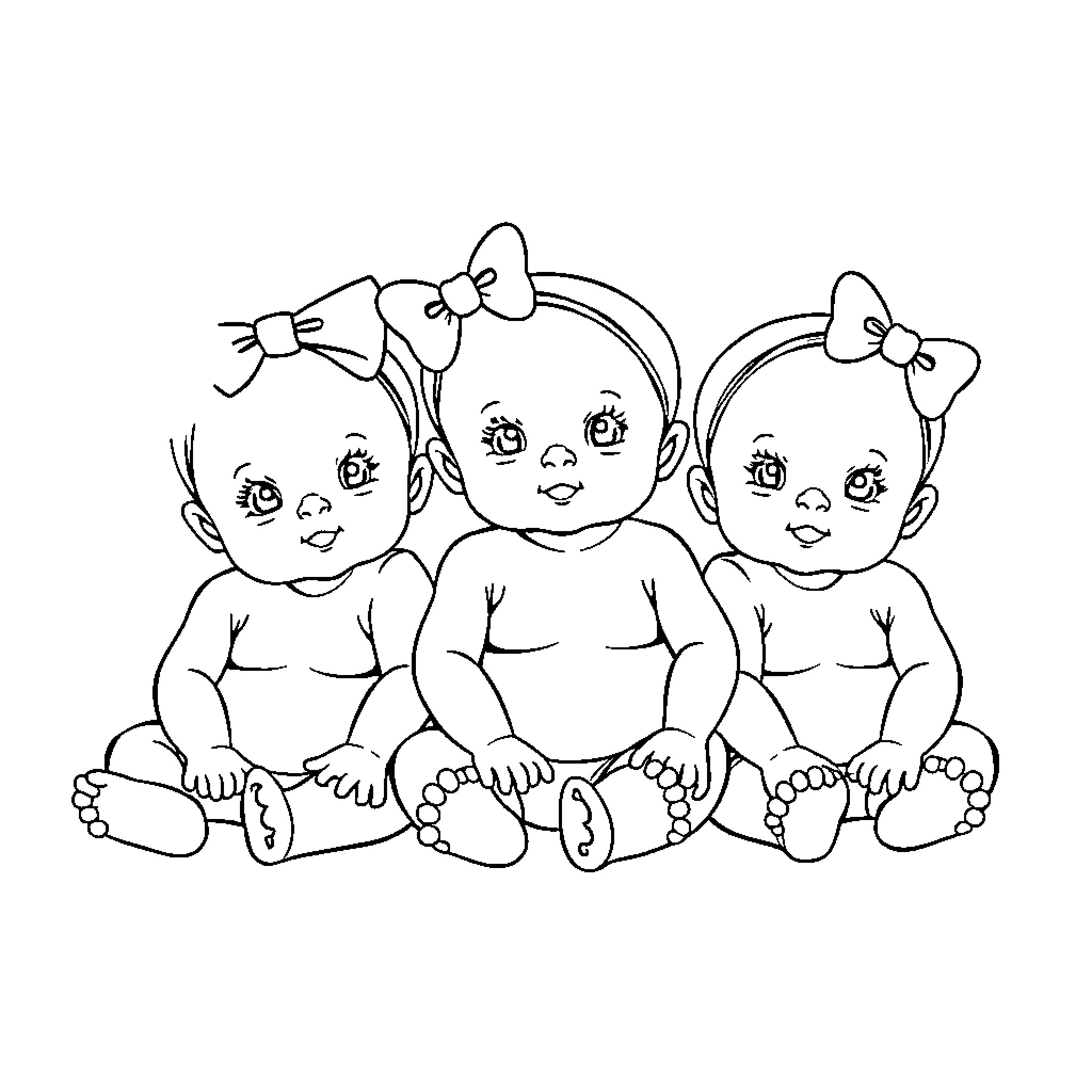 Baby dolls sitting together happily Coloring Page (free black-and-white line drawing printable PDF for all, from beginners to advanced learners, including children, teens, adults, and seniors)