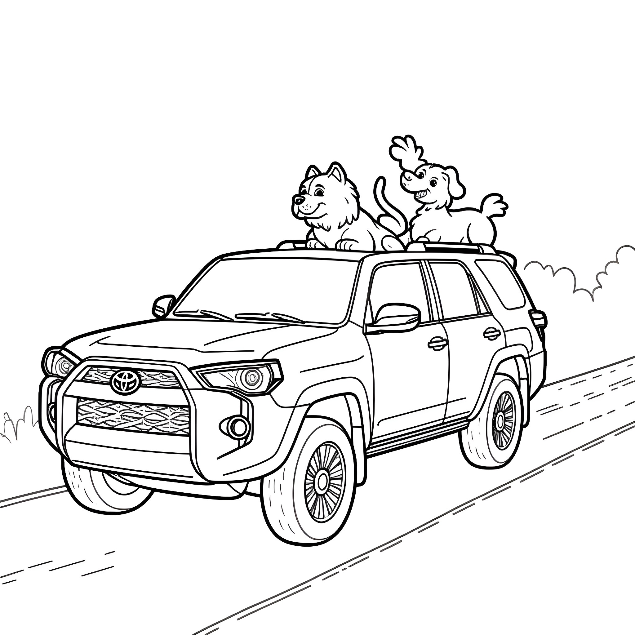 Dog and puppy riding in a truck on the road Coloring Page (free black-and-white line drawing printable PDF for all, from beginners to advanced learners, including children, teens, adults, and seniors)