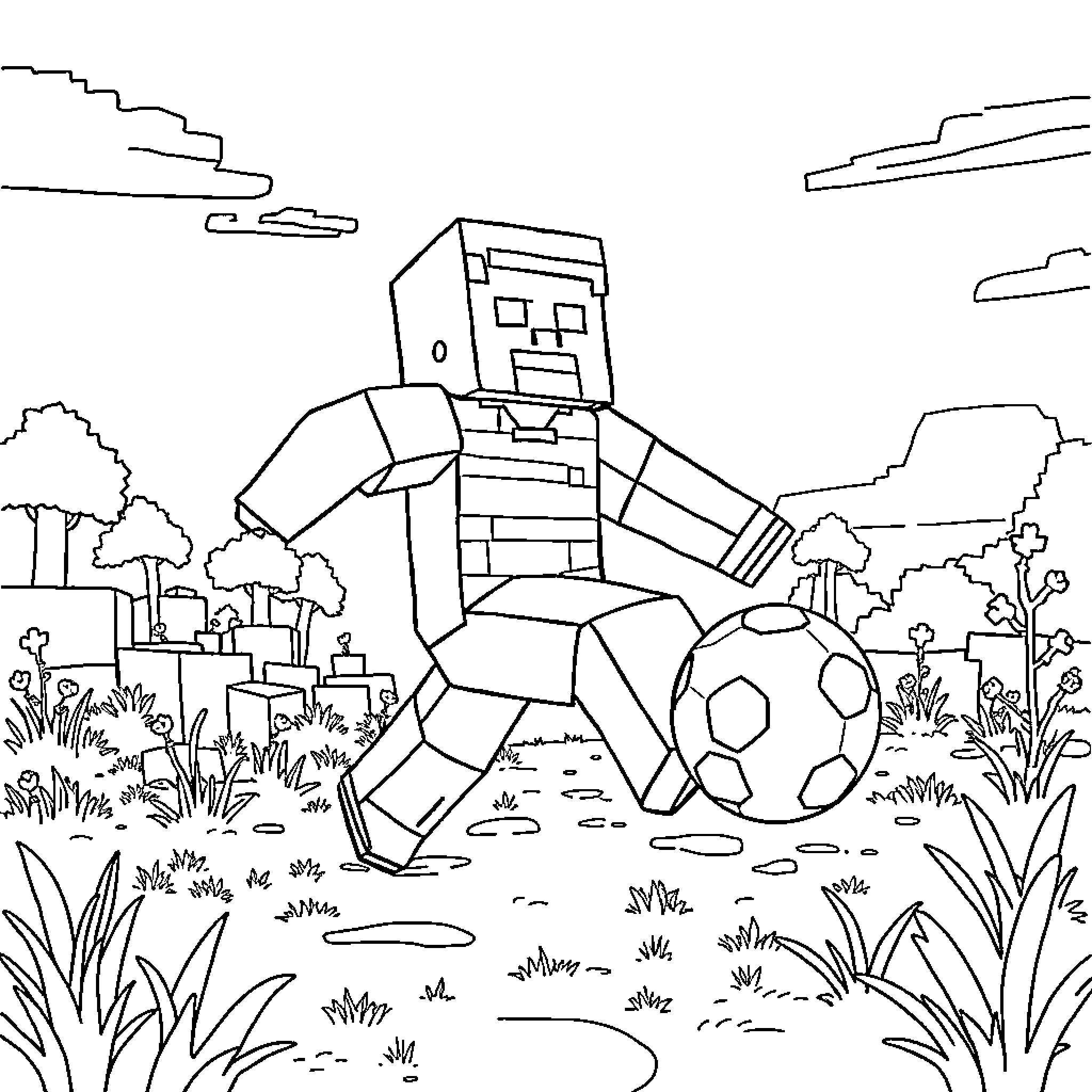 Minecraft character playing soccer in a field Coloring Page (free black-and-white line drawing printable PDF for all, from beginners to advanced learners, including children, teens, adults, and seniors)