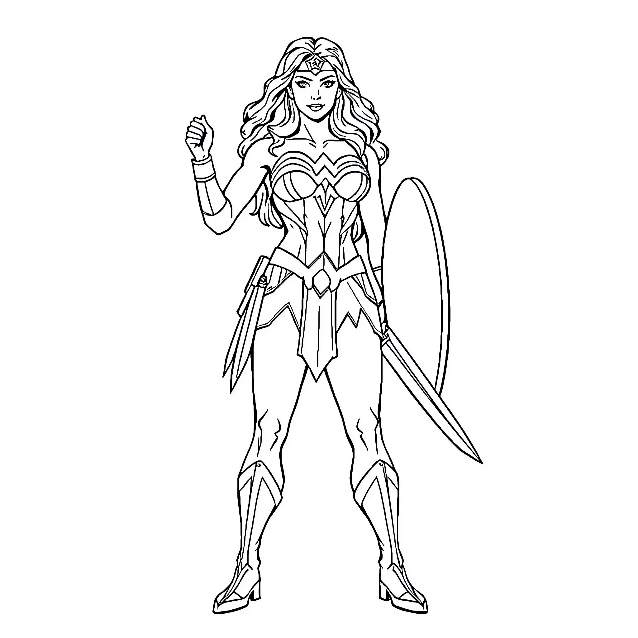 Wonder Woman in heroic battle stance Coloring Page (free black-and-white line drawing printable PDF for all, from beginners to advanced learners, including children, teens, adults, and seniors)