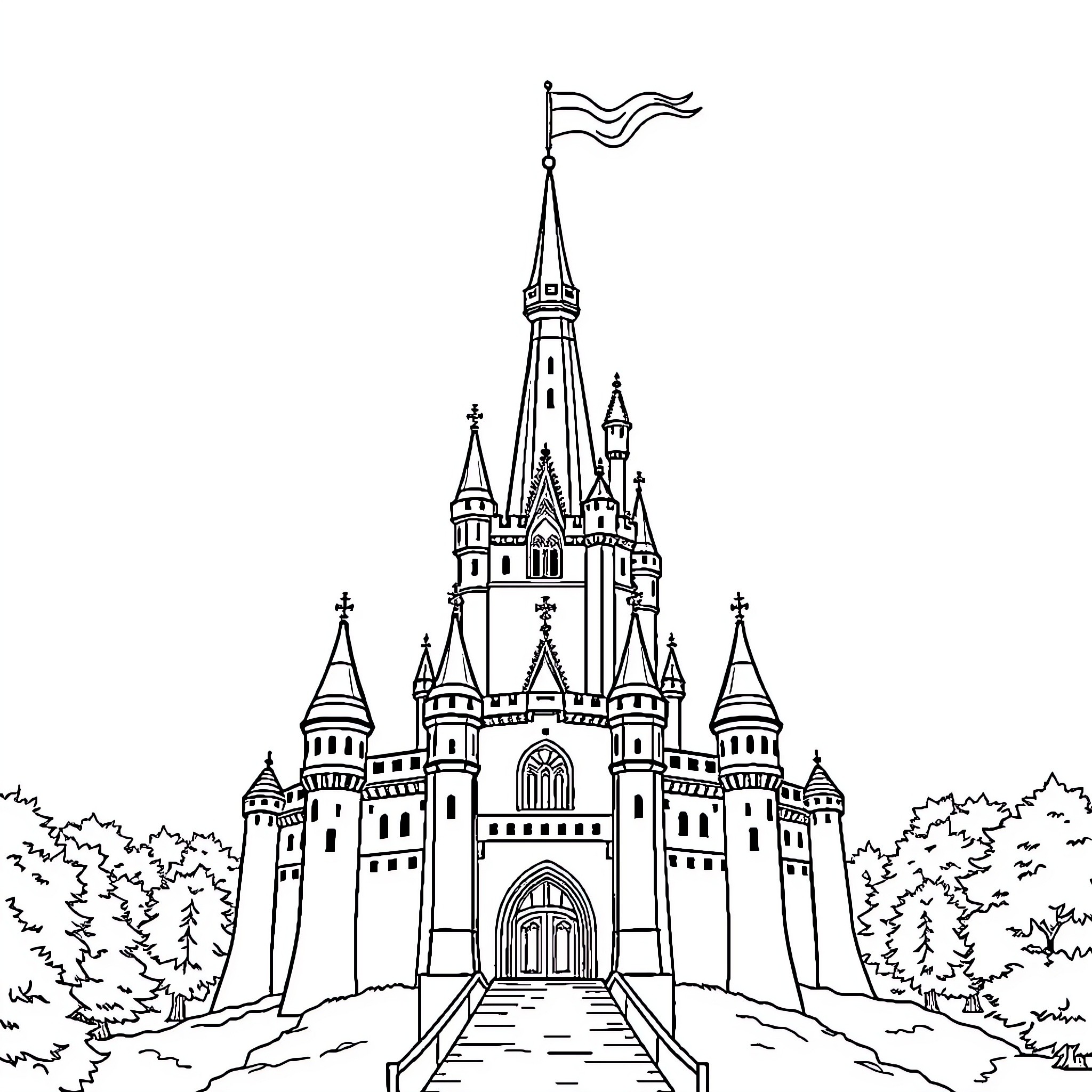 Castle with grand entrance and waving flag Coloring Page (free black-and-white line drawing printable PDF for all, from beginners to advanced learners, including children, teens, adults, and seniors)