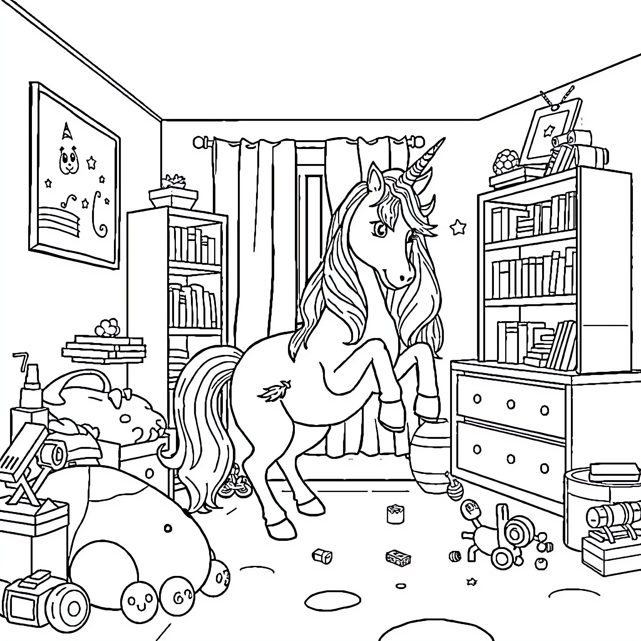 Unicorn playing cheerfully in a cozy room Coloring Page (free black-and-white line drawing printable PDF for all, from beginners to advanced learners, including children, teens, adults, and seniors)
