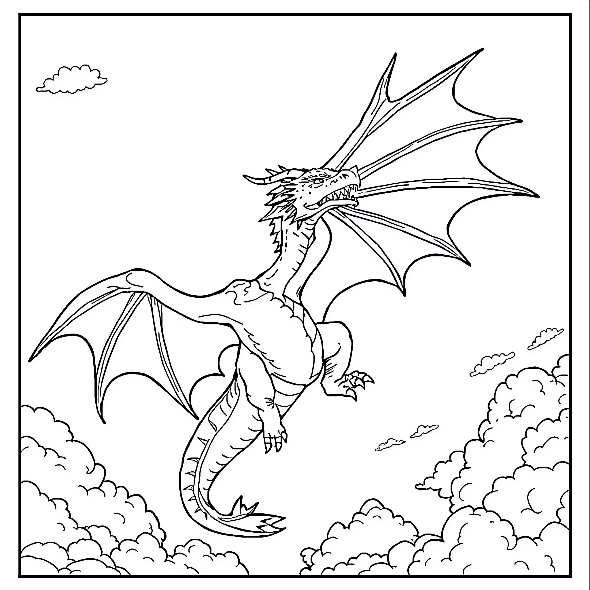 Dragon soaring through the clouds with wings spread Coloring Page (free black-and-white line drawing printable PDF for all, from beginners to advanced learners, including children, teens, adults, and seniors)