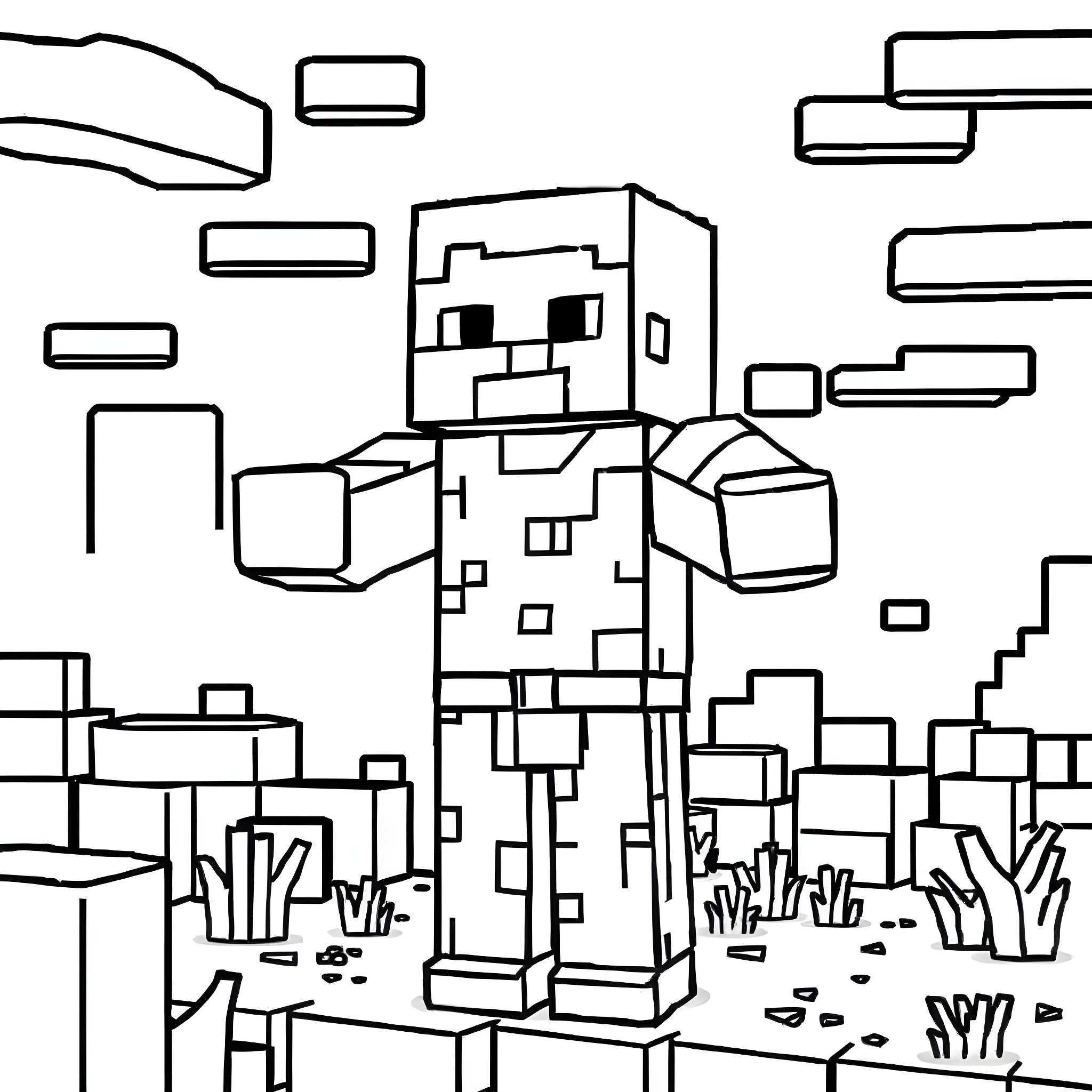 Enderman exploring the city landscape Coloring Page (free black-and-white line drawing printable PDF for all, from beginners to advanced learners, including children, teens, adults, and seniors)