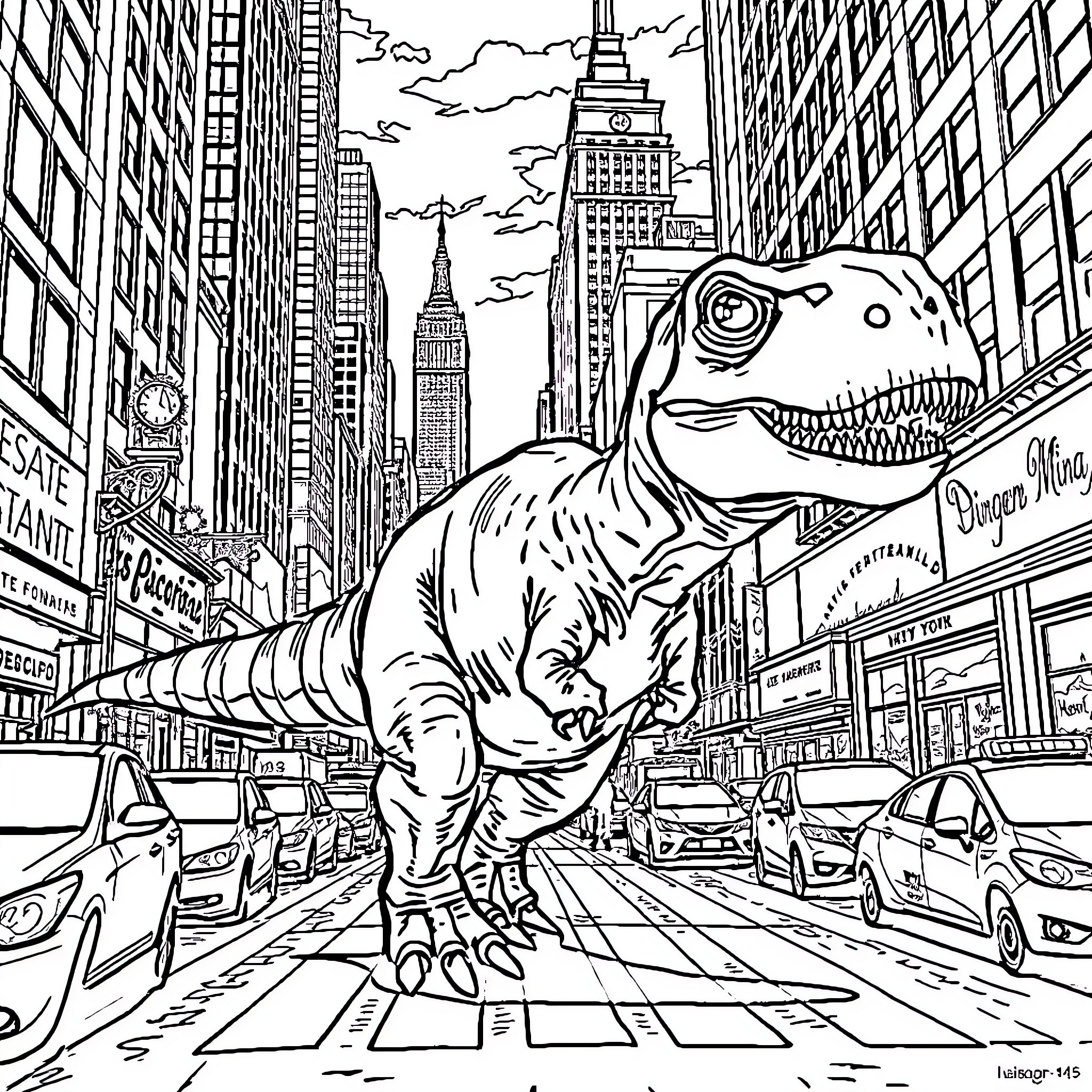 Dinosaur stomps through busy city streets Coloring Page (free black-and-white line drawing printable PDF for all, from beginners to advanced learners, including children, teens, adults, and seniors)