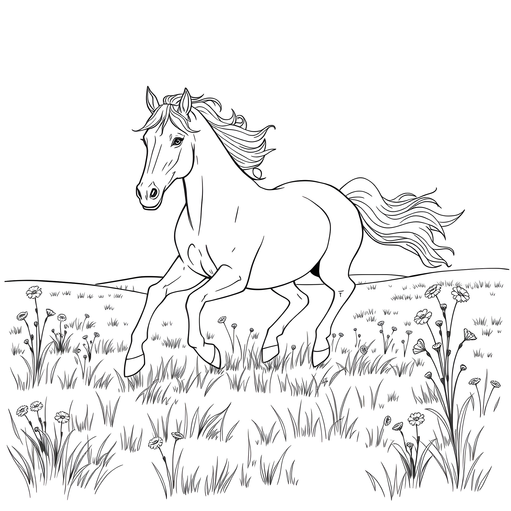 Horse galloping through a field of flowers Coloring Page (free black-and-white line drawing printable PDF for all, from beginners to advanced learners, including children, teens, adults, and seniors)