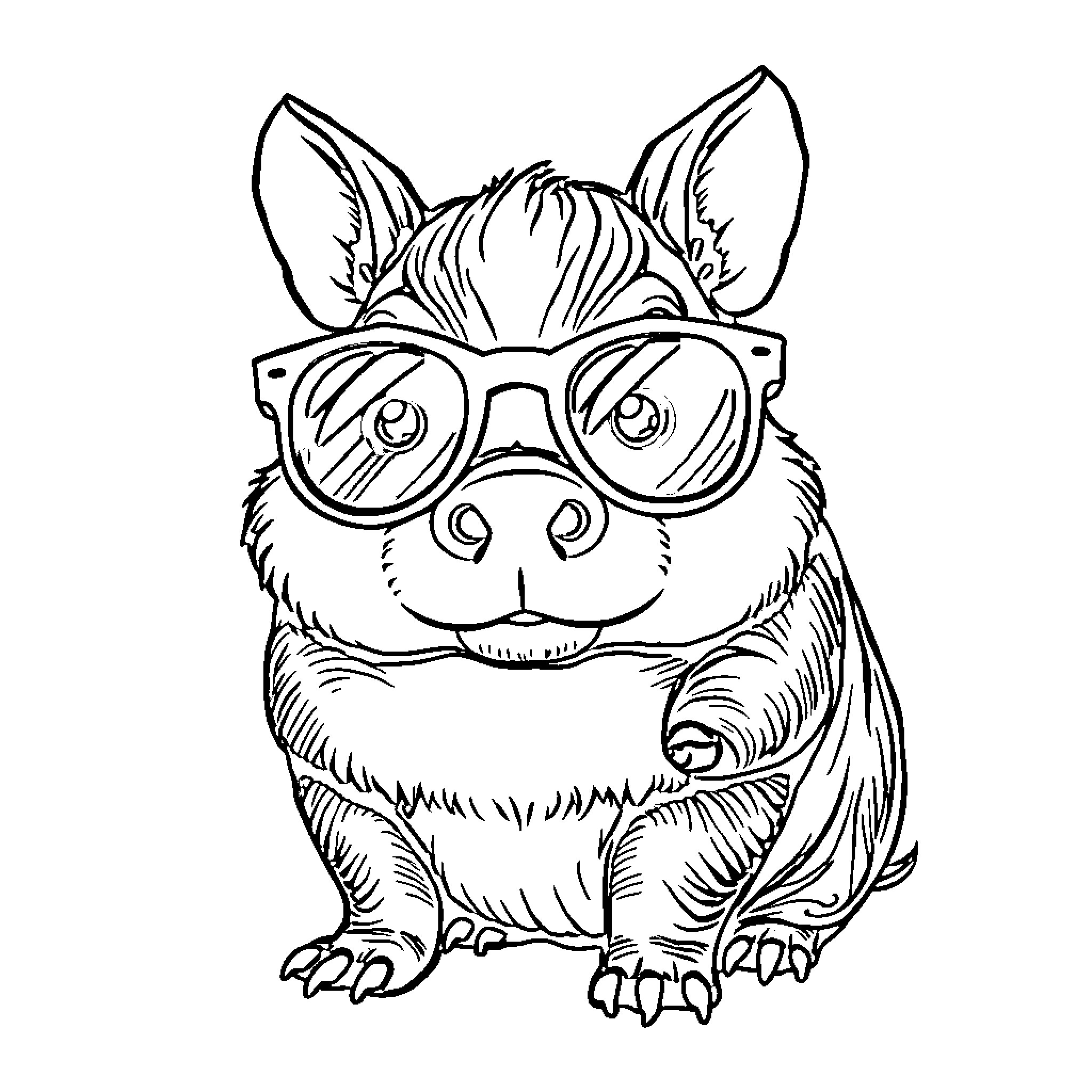 Pig wearing glasses and looking curious Coloring Page (free black-and-white line drawing printable PDF for all, from beginners to advanced learners, including children, teens, adults, and seniors)