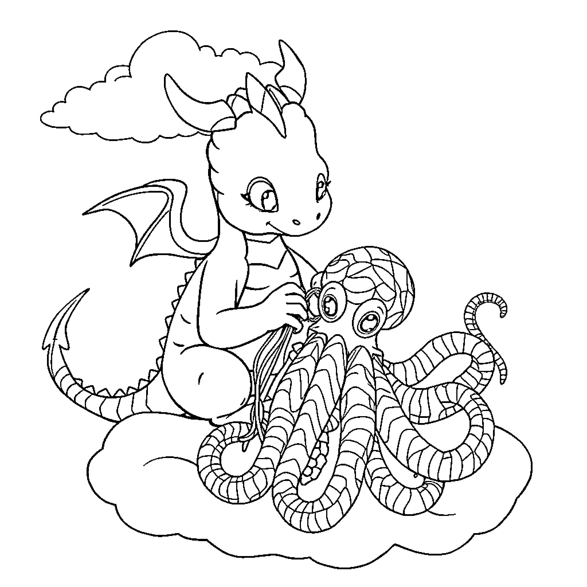 Dragon playing with a curious creature in the clouds Coloring Page (free black-and-white line drawing printable PDF for all, from beginners to advanced learners, including children, teens, adults, and seniors)