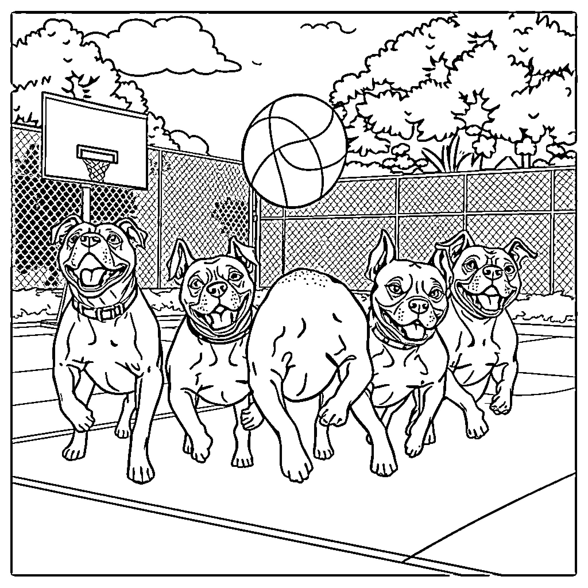 Pitbulls Playing Happily on Basketball Court Coloring Page (free black-and-white line drawing printable PDF for all, from beginners to advanced learners, including children, teens, adults, and seniors)