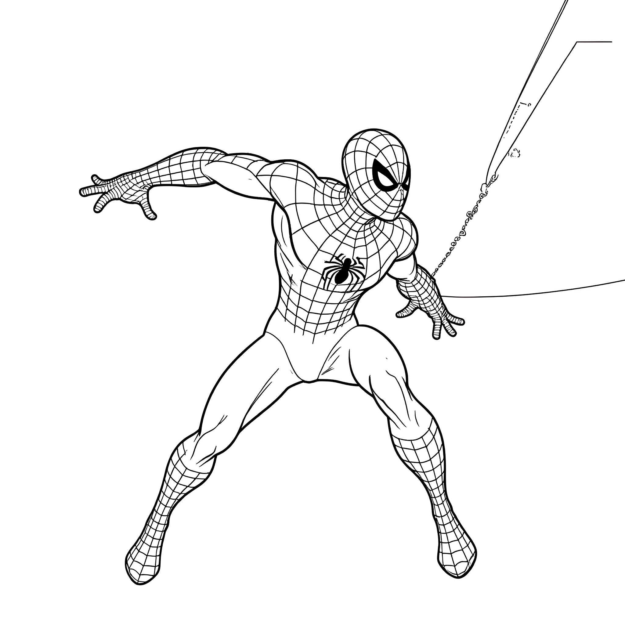 Spider-Man swinging through the city Coloring Page (free black-and-white line drawing printable PDF for all, from beginners to advanced learners, including children, teens, adults, and seniors)