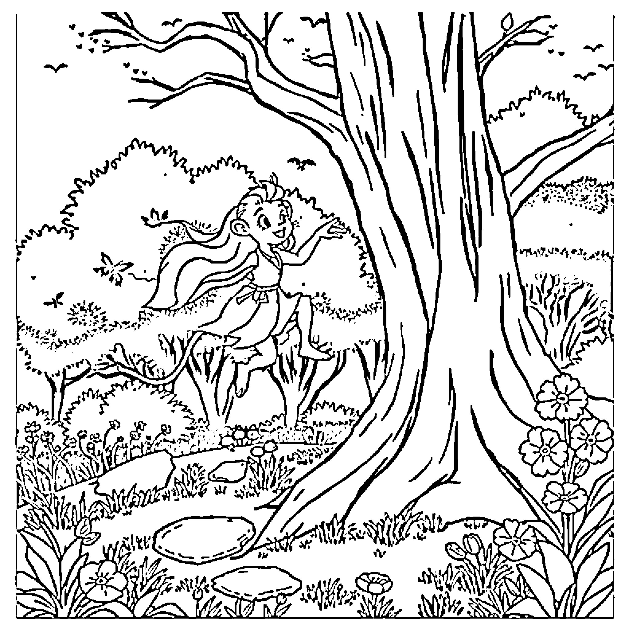 Monja's Enchanted Forest Adventure Coloring Page (free black-and-white line drawing printable PDF for all, from beginners to advanced learners, including children, teens, adults, and seniors)