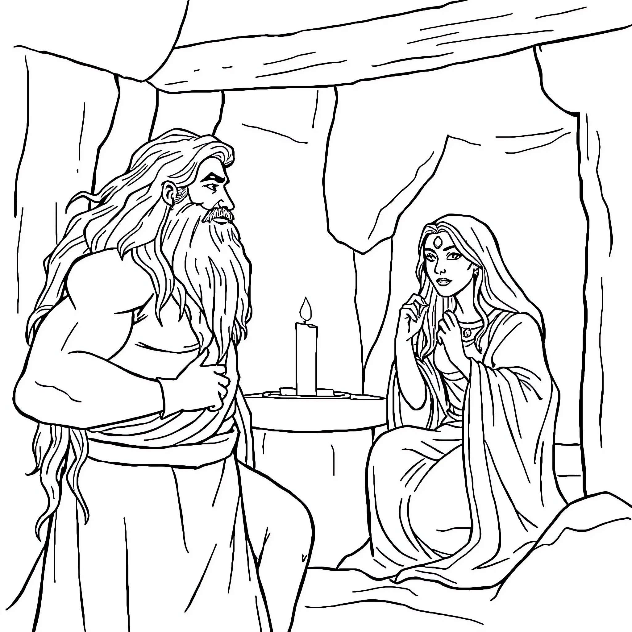 Samson and Delilah's Encounter Coloring Page (free black-and-white line drawing printable PDF for all, from beginners to advanced learners, including children, teens, adults, and seniors)